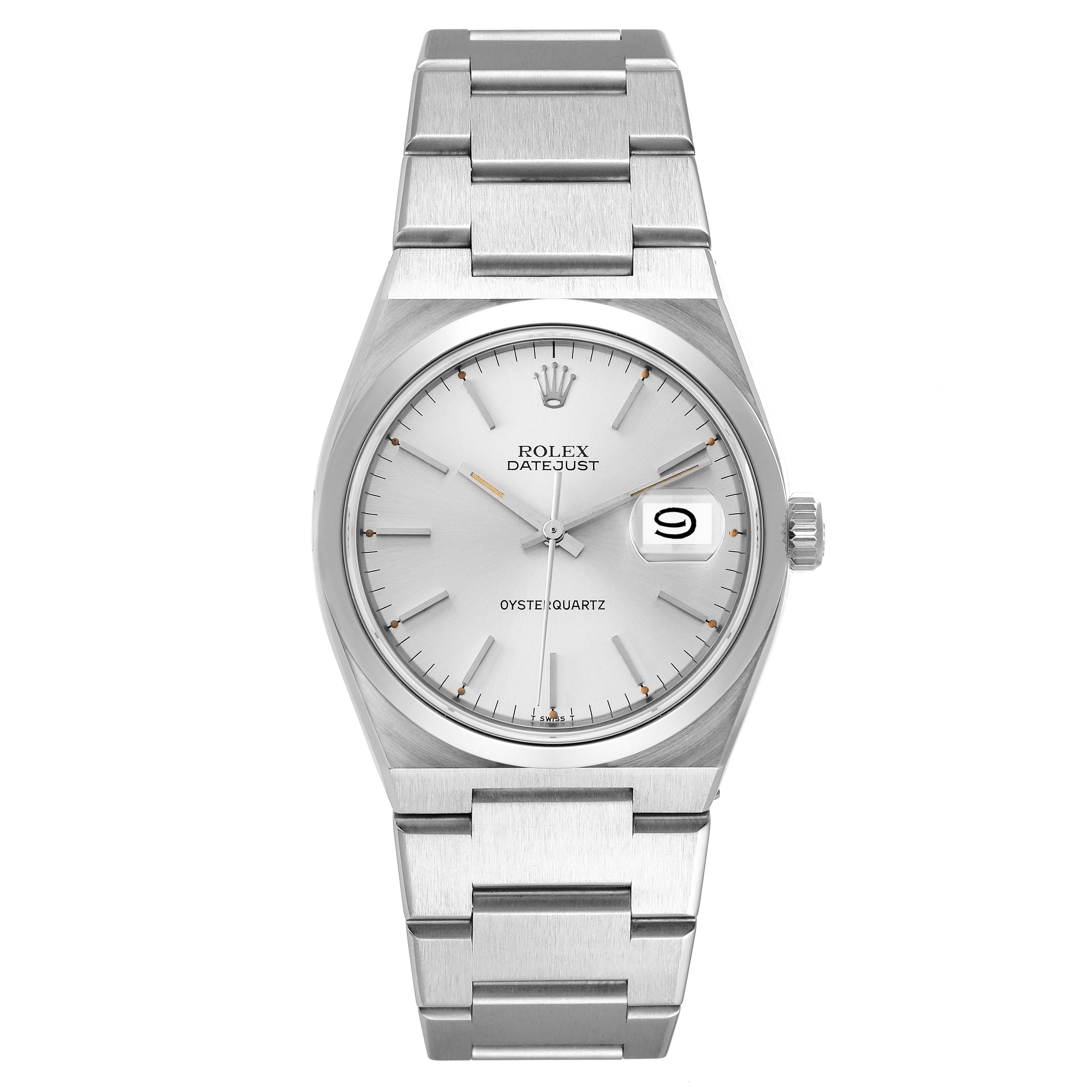The image shows a front view of the Rolex Oysterquartz 17000 Men's Stainless Steel Silver Dial 17000 Men's Stainless Steel Silver Dial Datejust watch, displaying the dial, hands, bracelet, and date window.