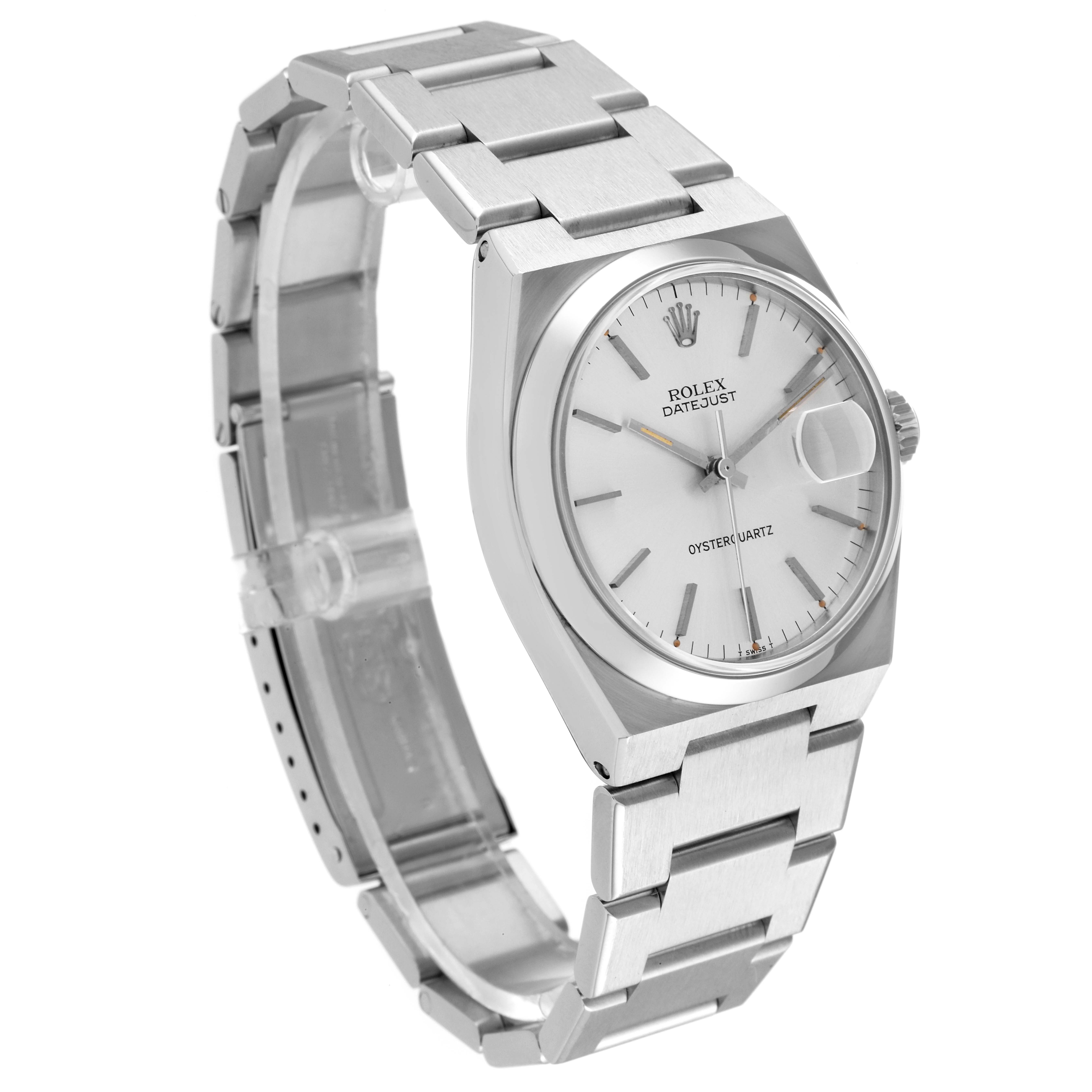 The Rolex Oysterquartz 17000 Men's Stainless Steel Silver Dial 17000 Men's Stainless Steel Silver Dial watch is shown at a slight angle, displaying its face, bracelet, and clasp.