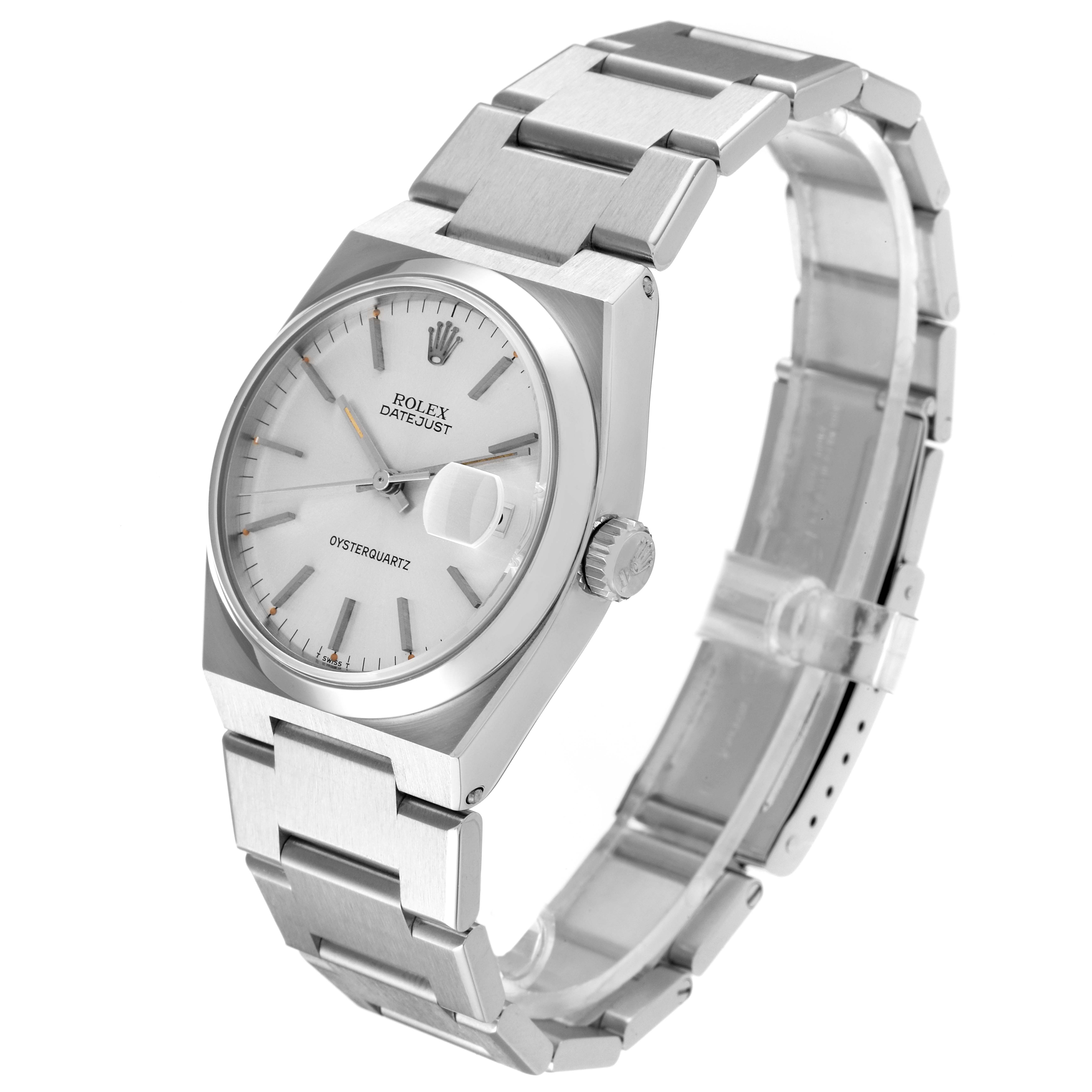 This image shows a Rolex Oysterquartz 17000 Men's Stainless Steel Silver Dial 17000 Men's Stainless Steel Silver Dial Datejust watch angled from the front and right side, displaying the face, case, and bracelet.