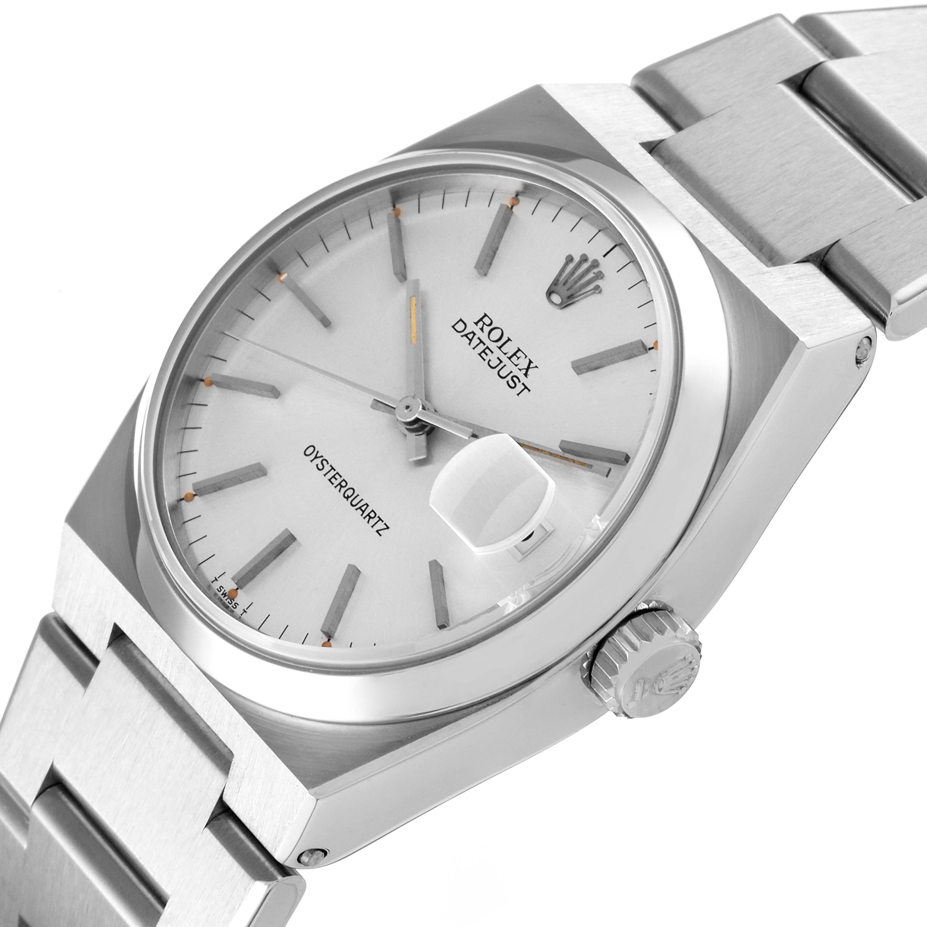 The Rolex Oysterquartz 17000 Men's Stainless Steel Silver Dial 17000 Men's Stainless Steel Silver Dial watch is shown at an angle, displaying the face, crown, and part of the bracelet.