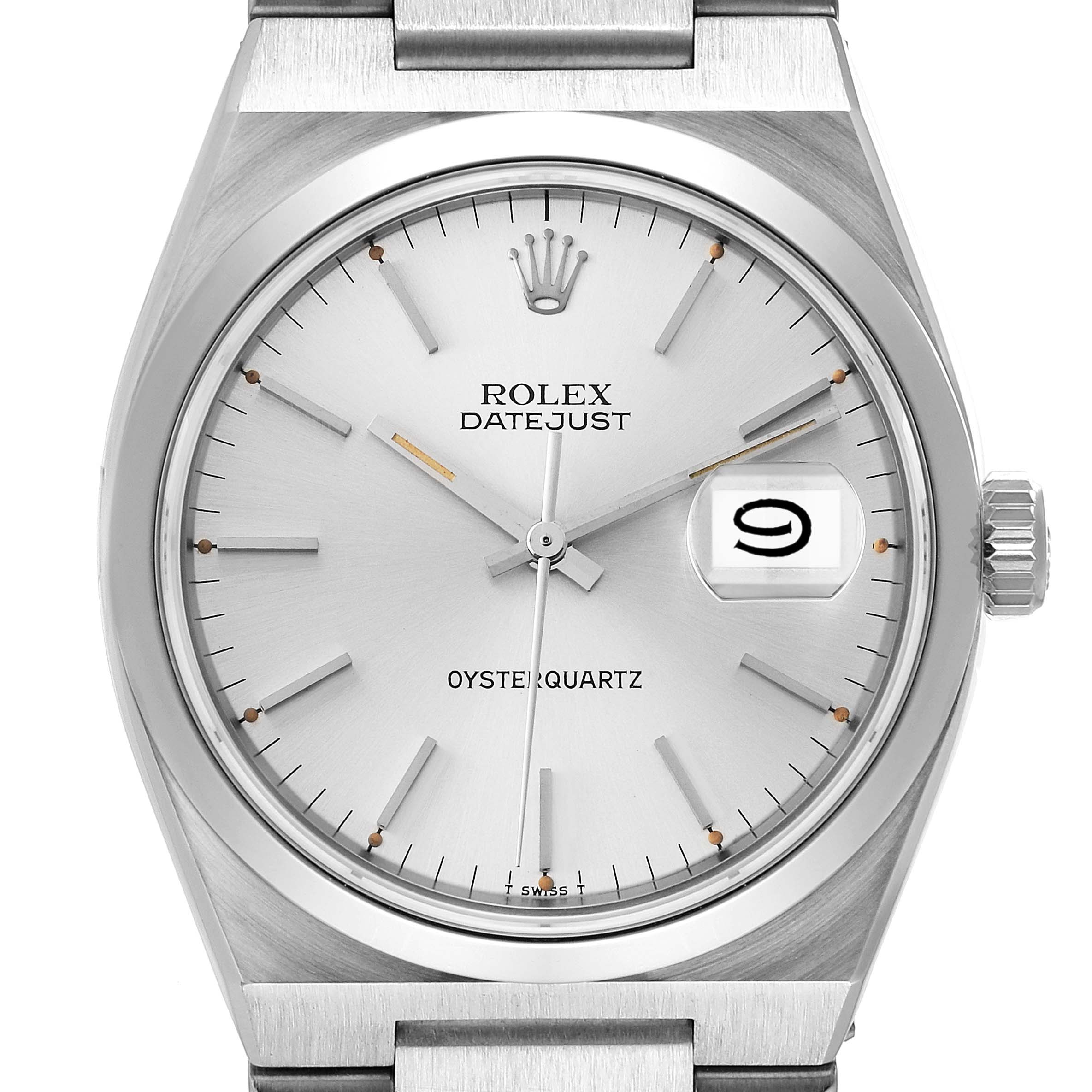 The Rolex Oysterquartz 17000 Men's Stainless Steel Silver Dial 17000 Men's Stainless Steel Silver Dial Datejust watch is shown from a front angle, displaying the dial, hands, crown, and part of the band.