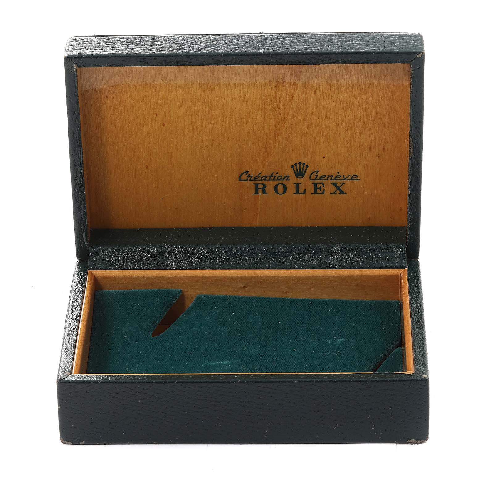 This image shows an open Rolex Oysterquartz 17000 Men's Stainless Steel Silver Dial 17000 Men's Stainless Steel Silver Dial watch box with a wooden interior and green cushioning.