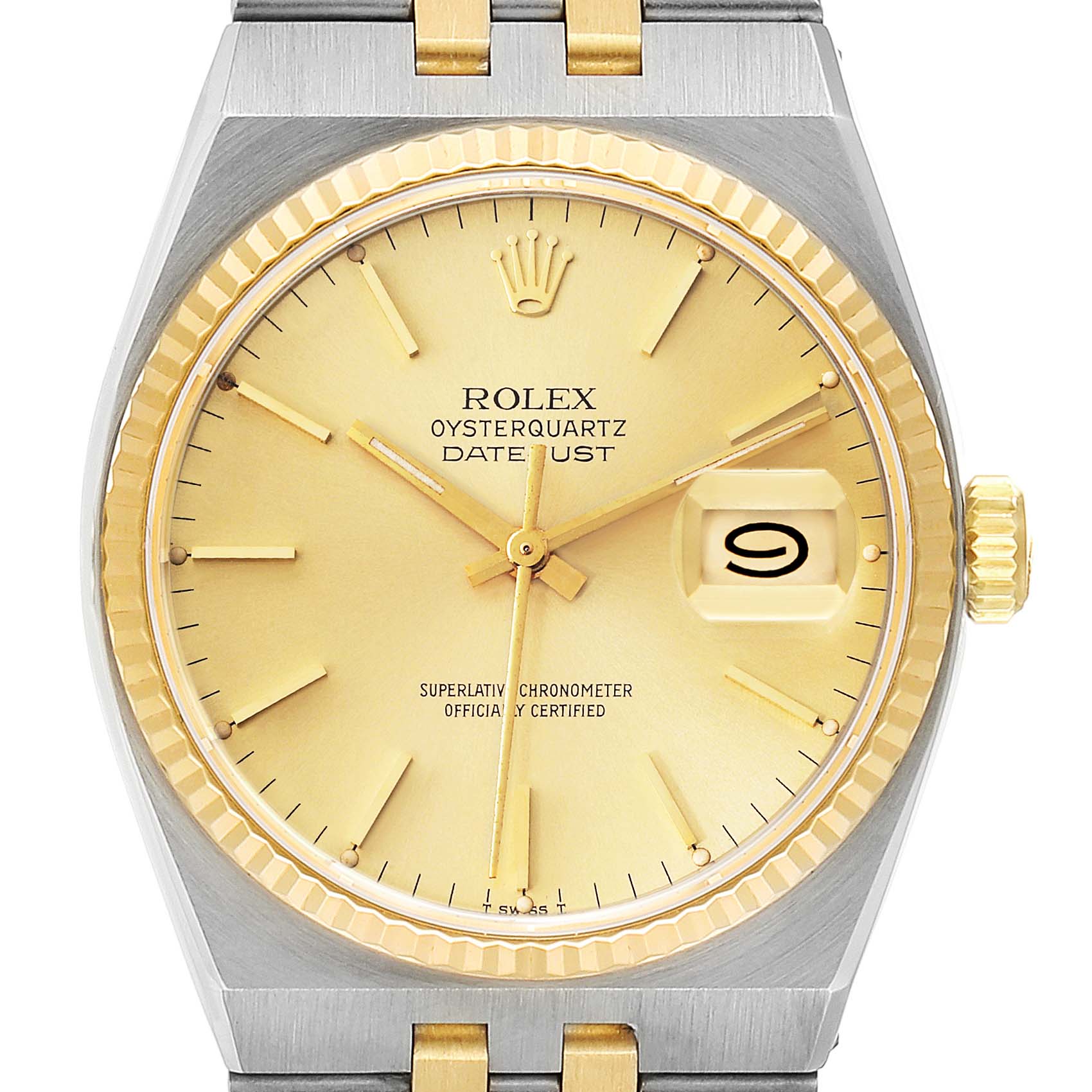 The image shows a front view of a Rolex Oysterquartz 17013 Men's Steel and Gold (two tone) Champagne Dial 17013 Men's Steel and Gold (two tone) Champagne Dial Datejust watch, highlighting its dial, bezel, and crown.