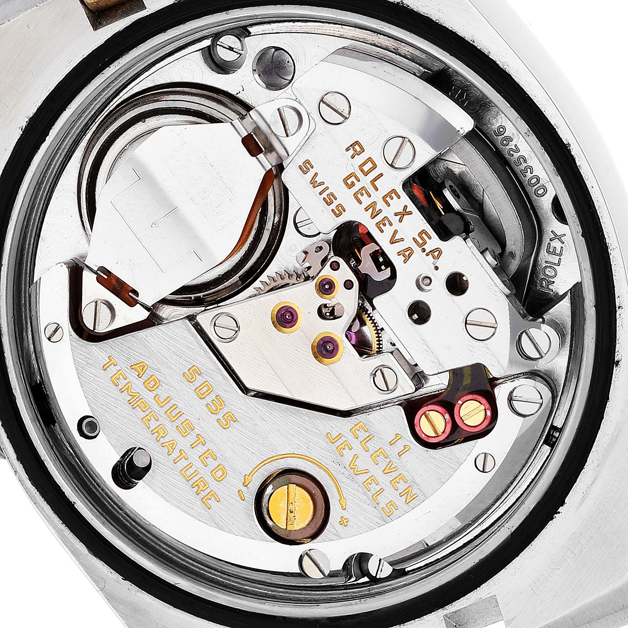 This image shows the detailed inner mechanism of a Rolex Oysterquartz 17013 Men's Steel and Gold (two tone) Champagne Dial 17013 Men's Steel and Gold (two tone) Champagne Dial watch from a close-up angle.