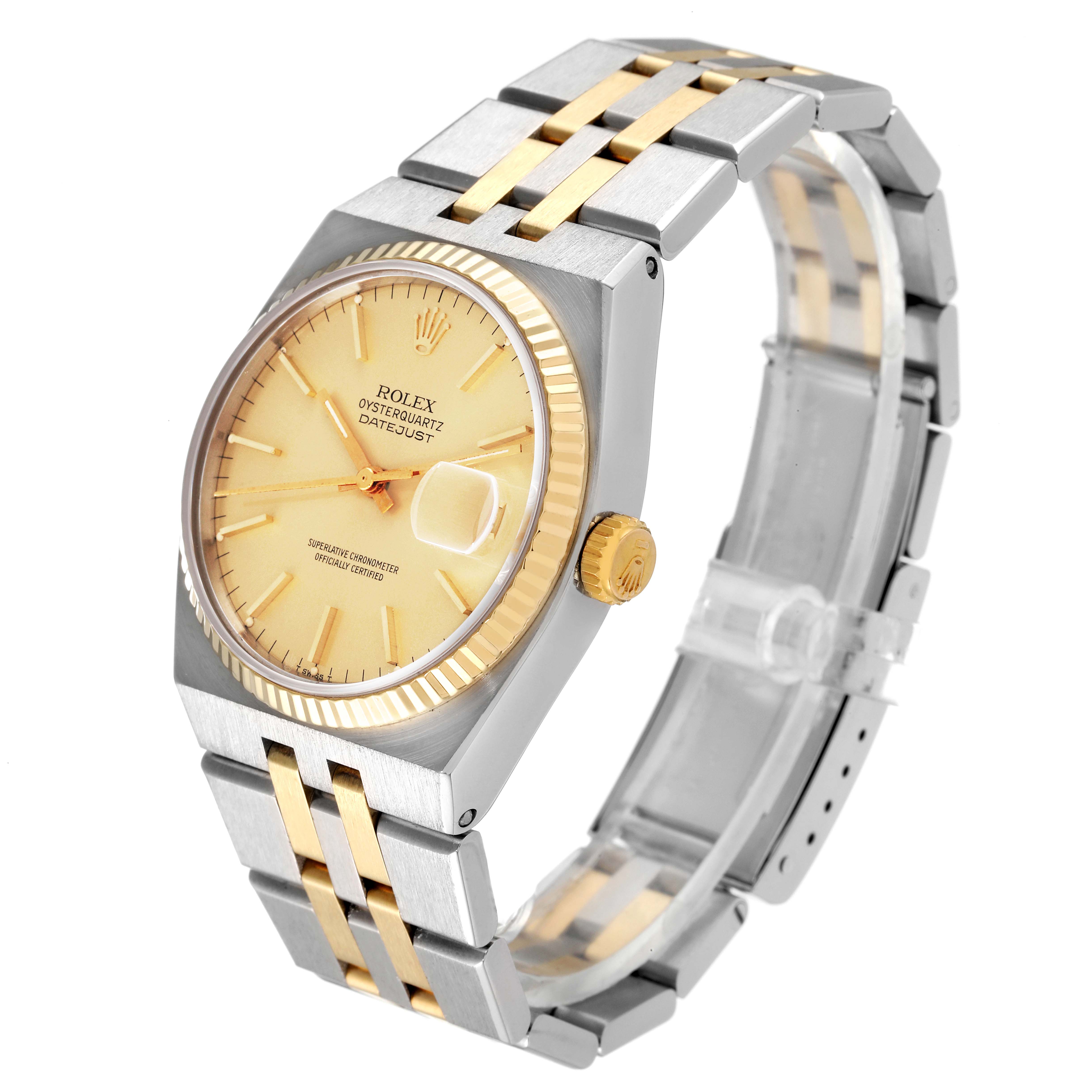 The image shows a Rolex Oysterquartz 17013 Men's Steel and Gold (two tone) Champagne Dial 17013 Men's Steel and Gold (two tone) Champagne Dial watch with a two-tone bracelet and date display, viewed from an angled perspective.
