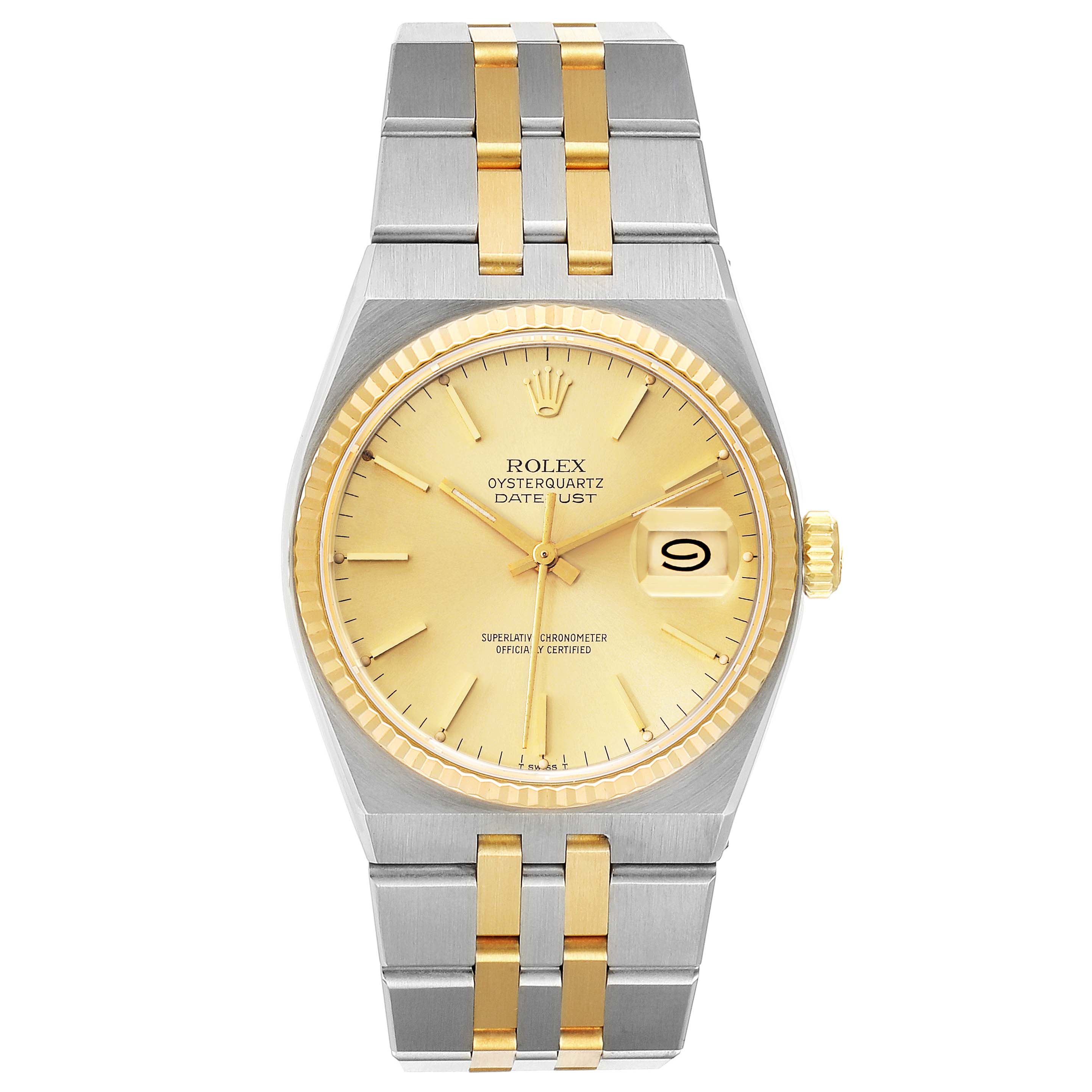 The image shows a front view of a Rolex Oysterquartz 17013 Men's Steel and Gold (two tone) Champagne Dial 17013 Men's Steel and Gold (two tone) Champagne Dial Datejust with a two-tone gold and silver bracelet and a gold dial.