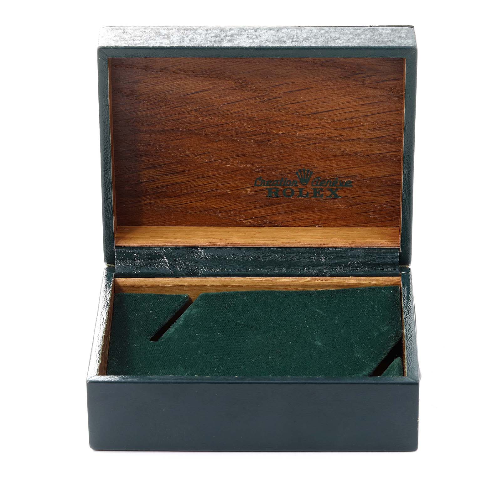 This image shows an open Rolex Oysterquartz 17013 Men's Steel and Gold (two tone) Champagne Dial 17013 Men's Steel and Gold (two tone) Champagne Dial watch box with green and wood interior.