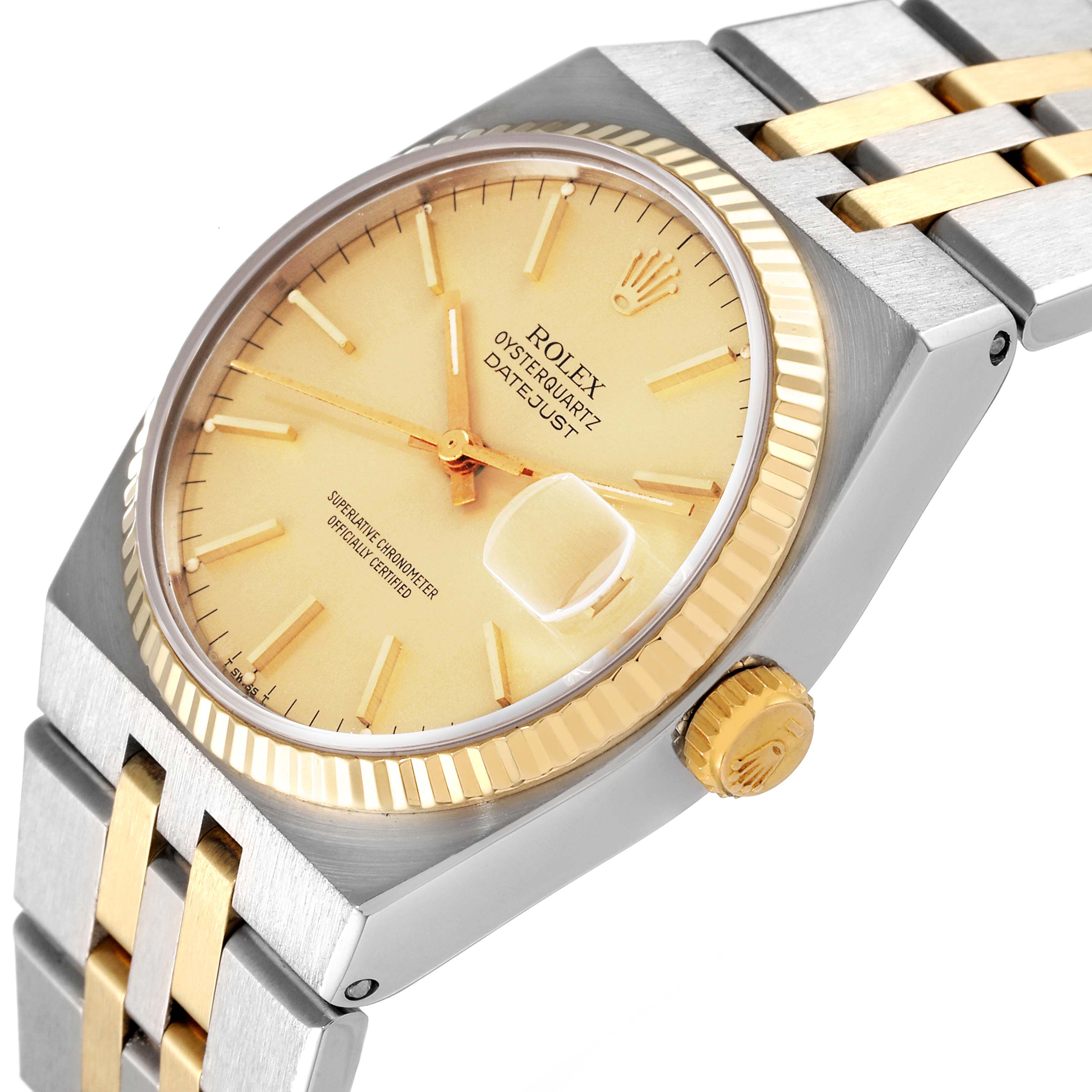 The image shows a Rolex Oysterquartz 17013 Men's Steel and Gold (two tone) Champagne Dial 17013 Men's Steel and Gold (two tone) Champagne Dial Datejust watch from an angled side view, displaying its face, crown, bezel, and part of the bracelet.