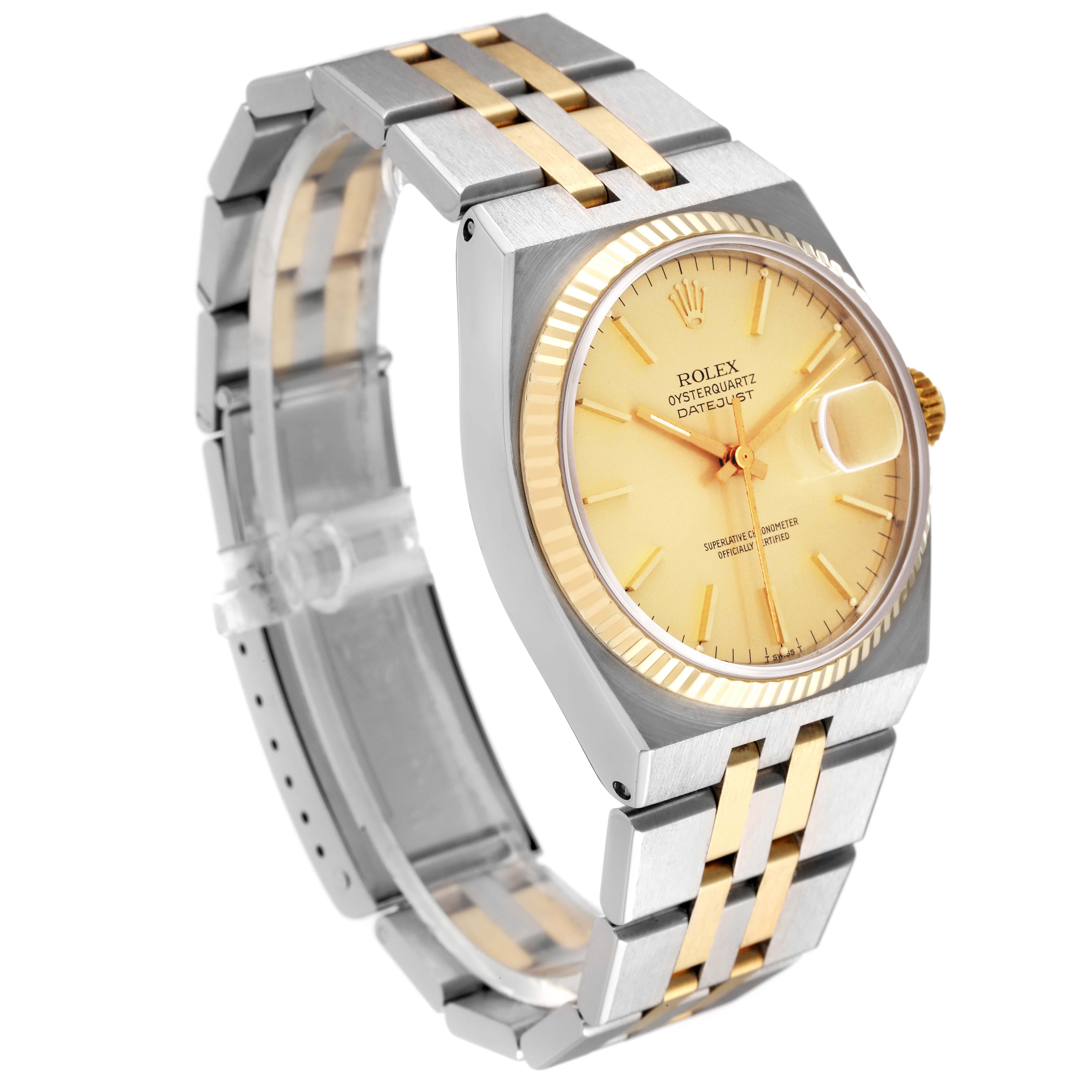 The image shows a Rolex Oysterquartz 17013 Men's Steel and Gold (two tone) Champagne Dial 17013 Men's Steel and Gold (two tone) Champagne Dial from a three-quarter angle, highlighting its gold dial, bezel, and two-tone bracelet.