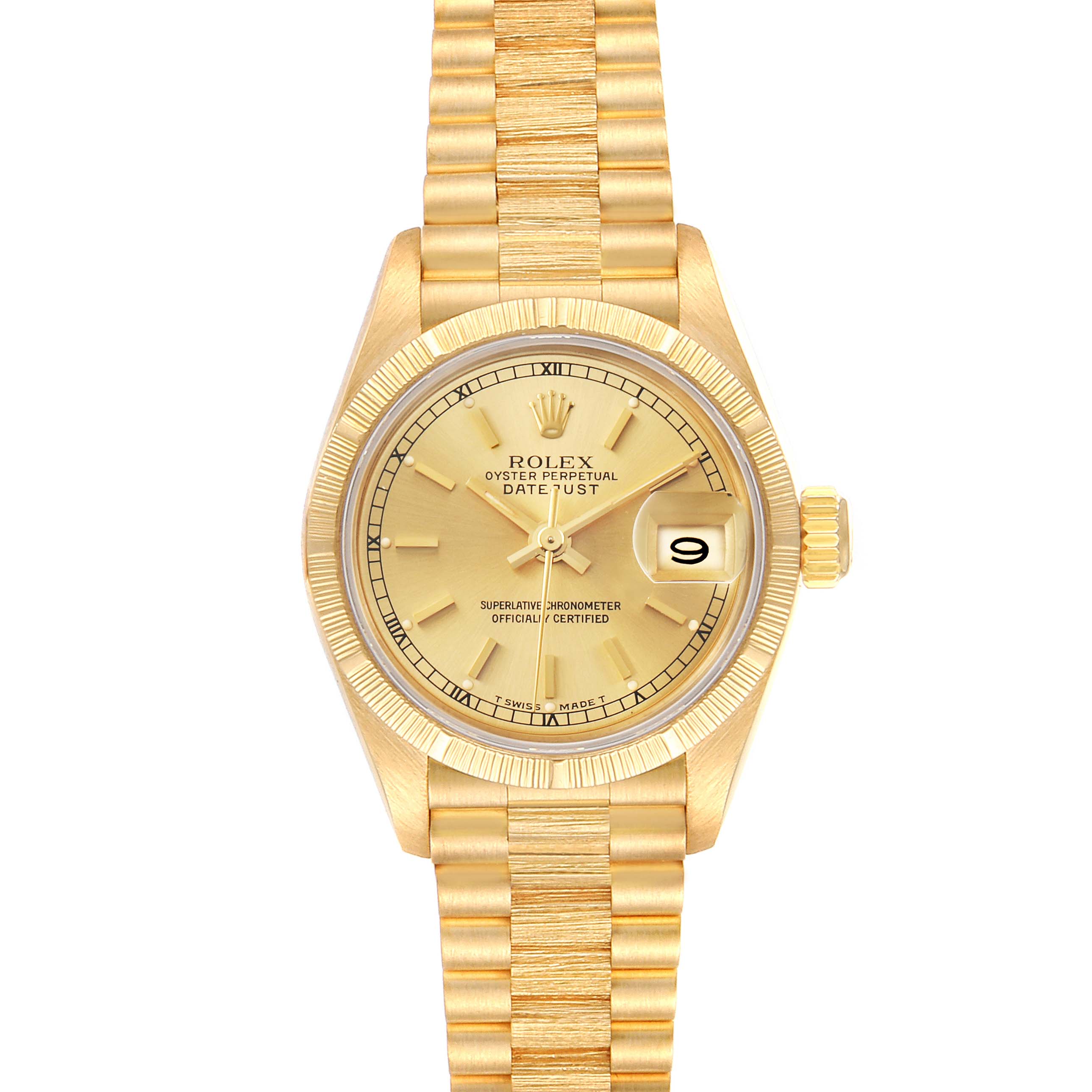 This image shows a Rolex President 69278 Women
s Yellow Gold Champagne Dial 69278 Women
s Yellow Gold Champagne Dial model watch from a front angle, highlighting the dial, bezel, bracelet, and date window.