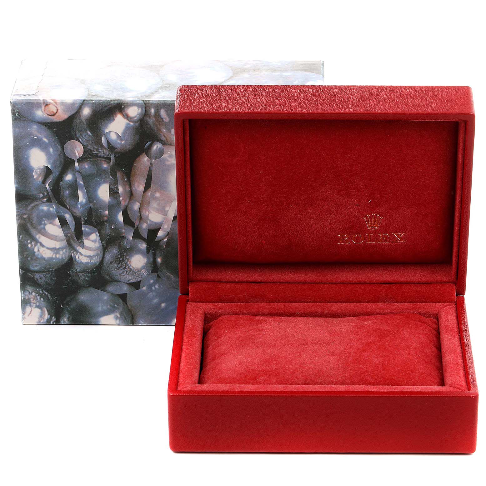 The image shows an open Rolex watch box for the President model, with a red interior and a decorative outer box.