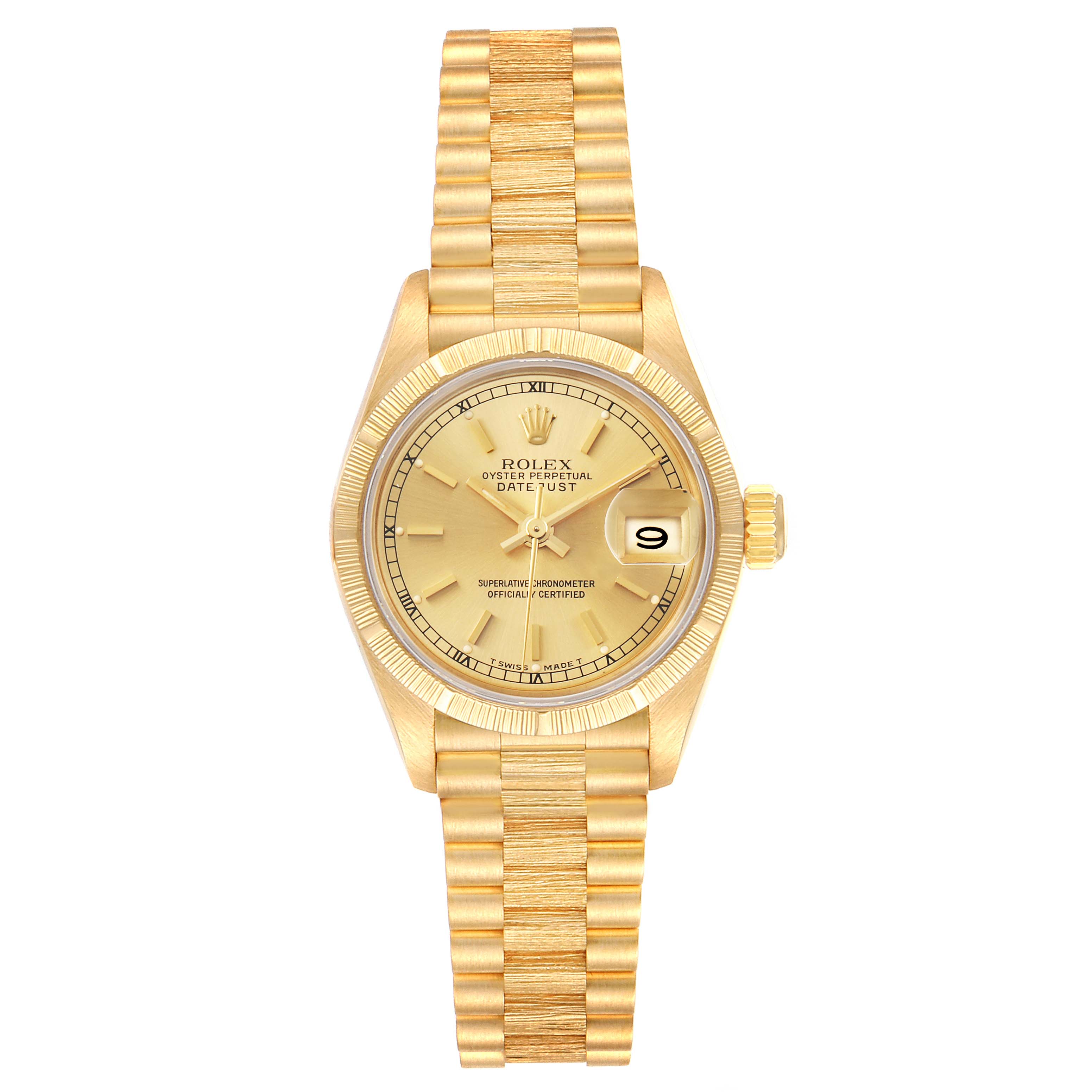 The image shows a front view of a Rolex President 69278 Women
s Yellow Gold Champagne Dial 69278 Women
s Yellow Gold Champagne Dial model watch, highlighting the dial, bracelet, and date feature.