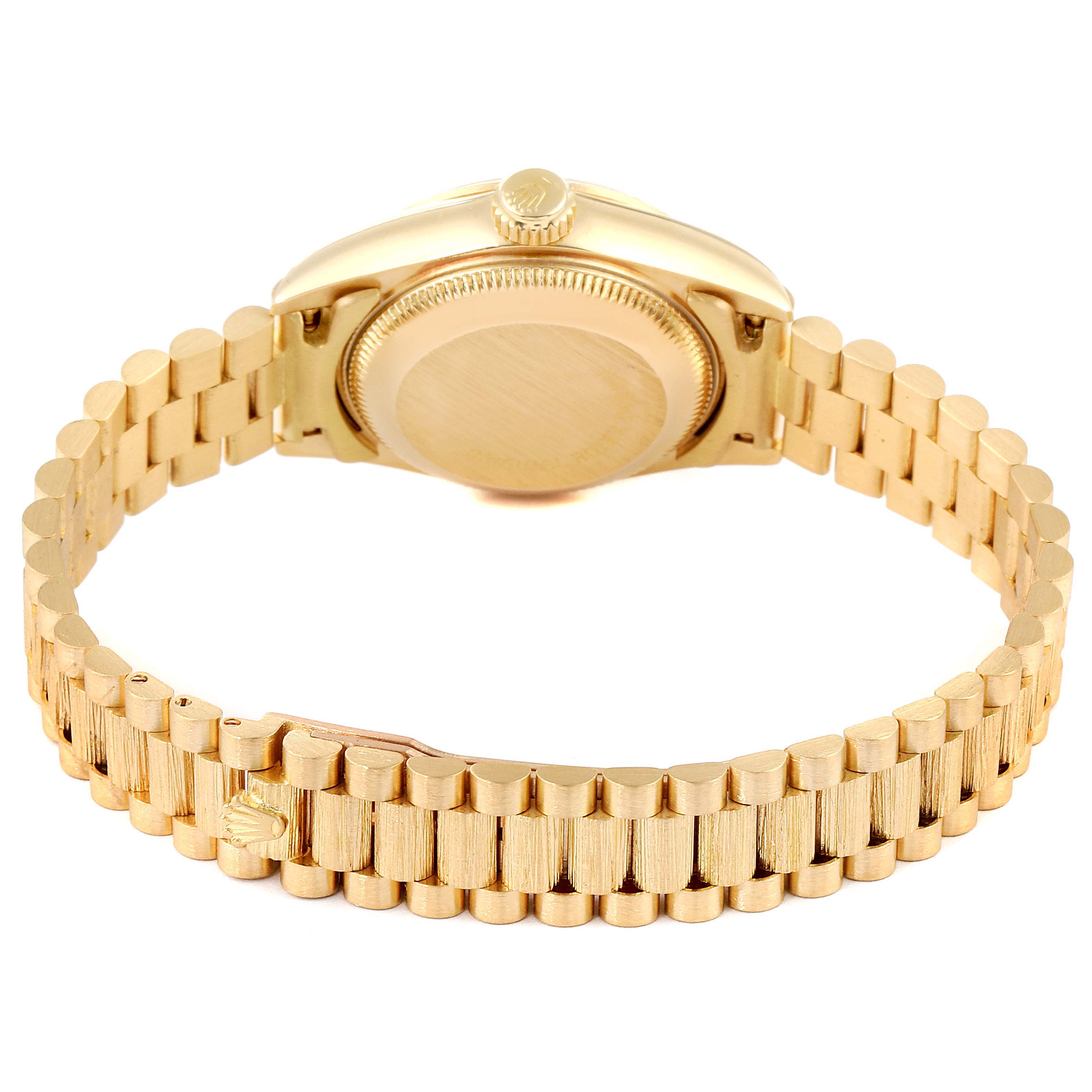 The image shows the backside and clasp of a Rolex President 69278 Women
s Yellow Gold Champagne Dial 69278 Women
s Yellow Gold Champagne Dial model watch, highlighting its gold bracelet.