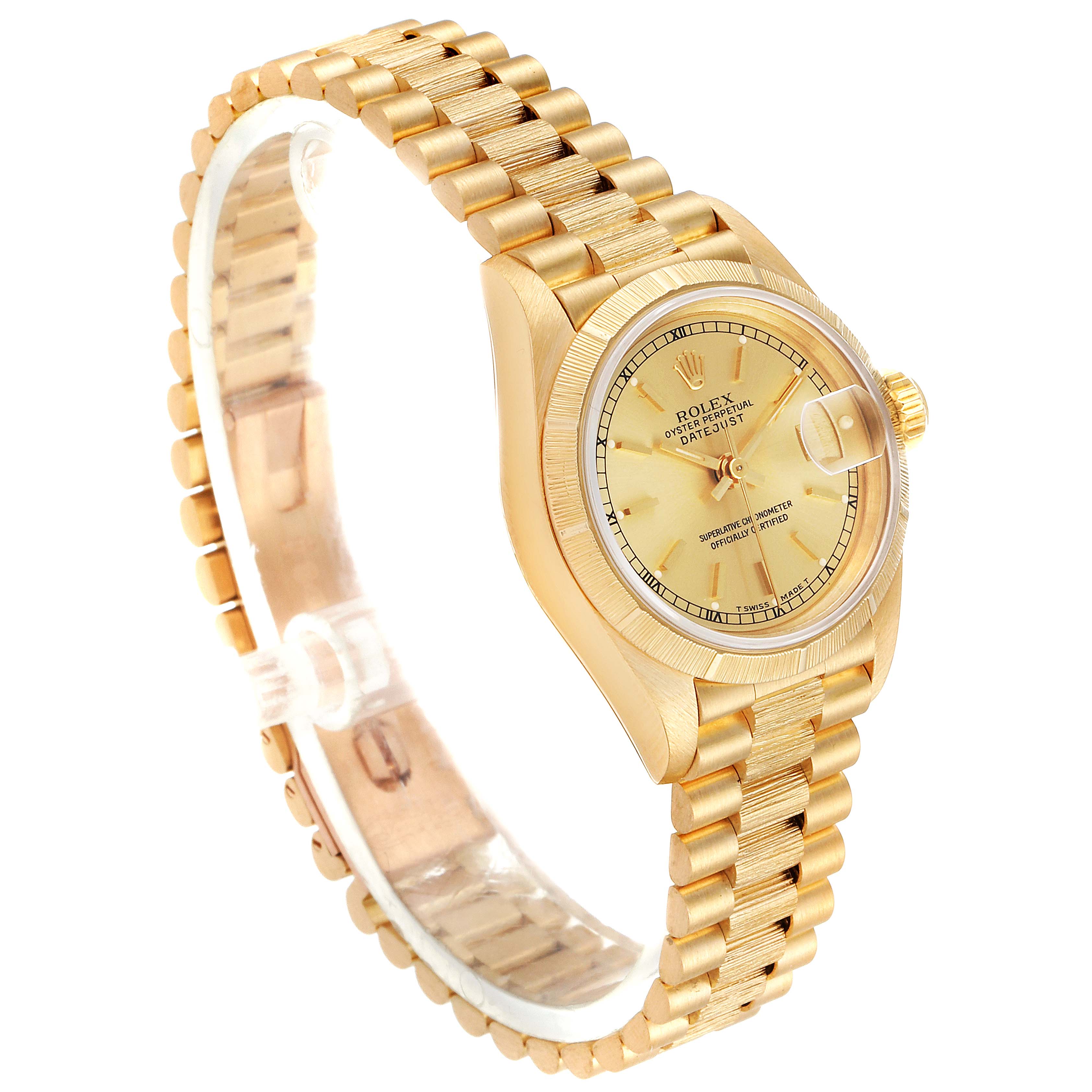 This image shows a side angle of a Rolex President 69278 Women
s Yellow Gold Champagne Dial 69278 Women
s Yellow Gold Champagne Dial model watch, highlighting the gold bracelet, dial, and crown.