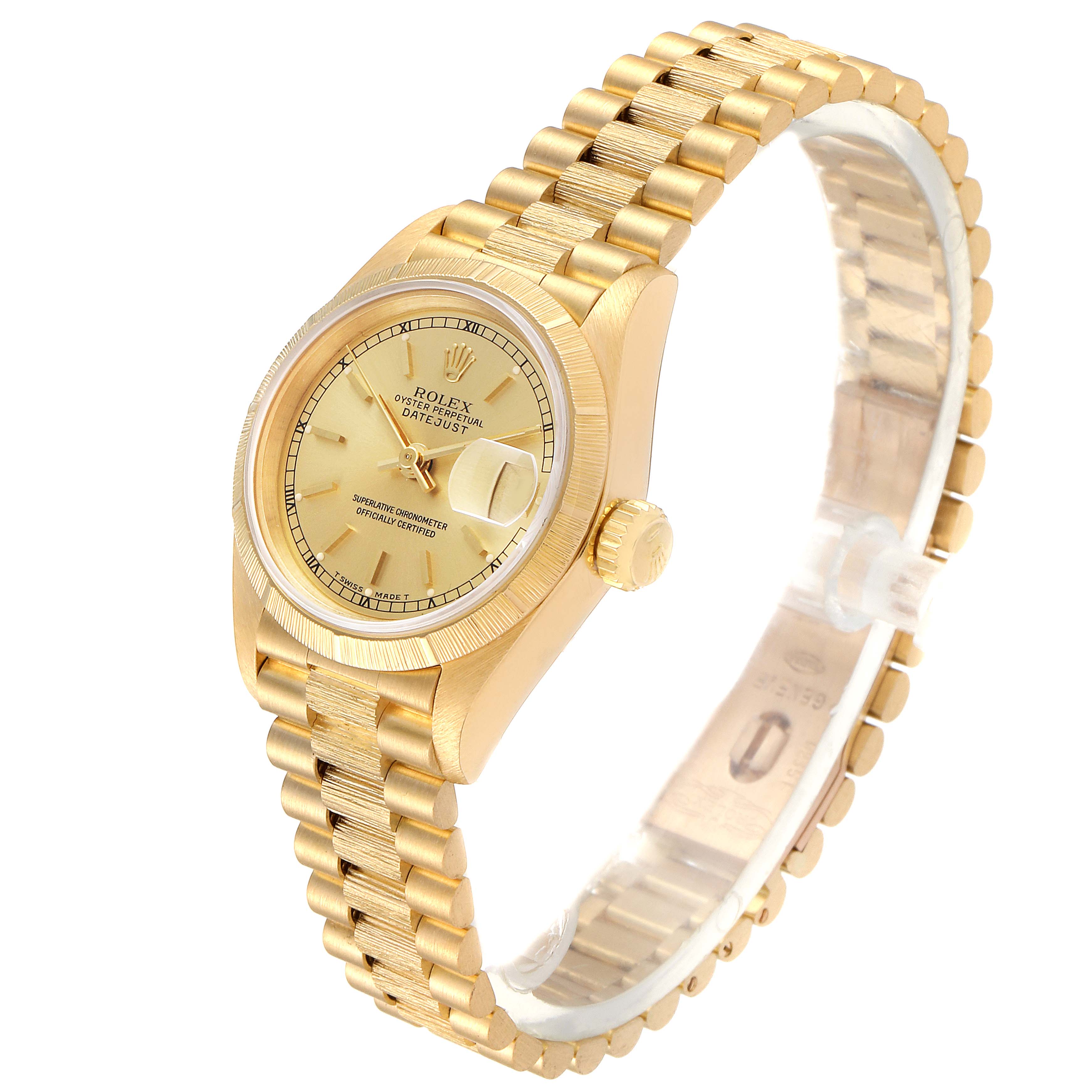 The image shows a side angle view of a Rolex President 69278 Women
s Yellow Gold Champagne Dial 69278 Women
s Yellow Gold Champagne Dial model, displaying its gold bracelet, dial, and date feature.