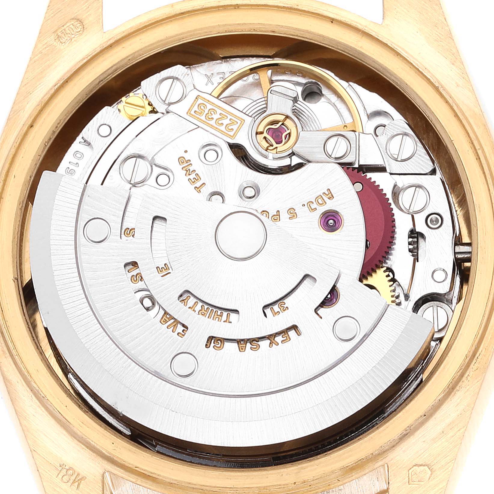 This image shows a close-up view of the movement mechanism inside a Rolex President 79178 Women's Yellow Gold Champagne Dial 79178 Women's Yellow Gold Champagne Dial model watch.