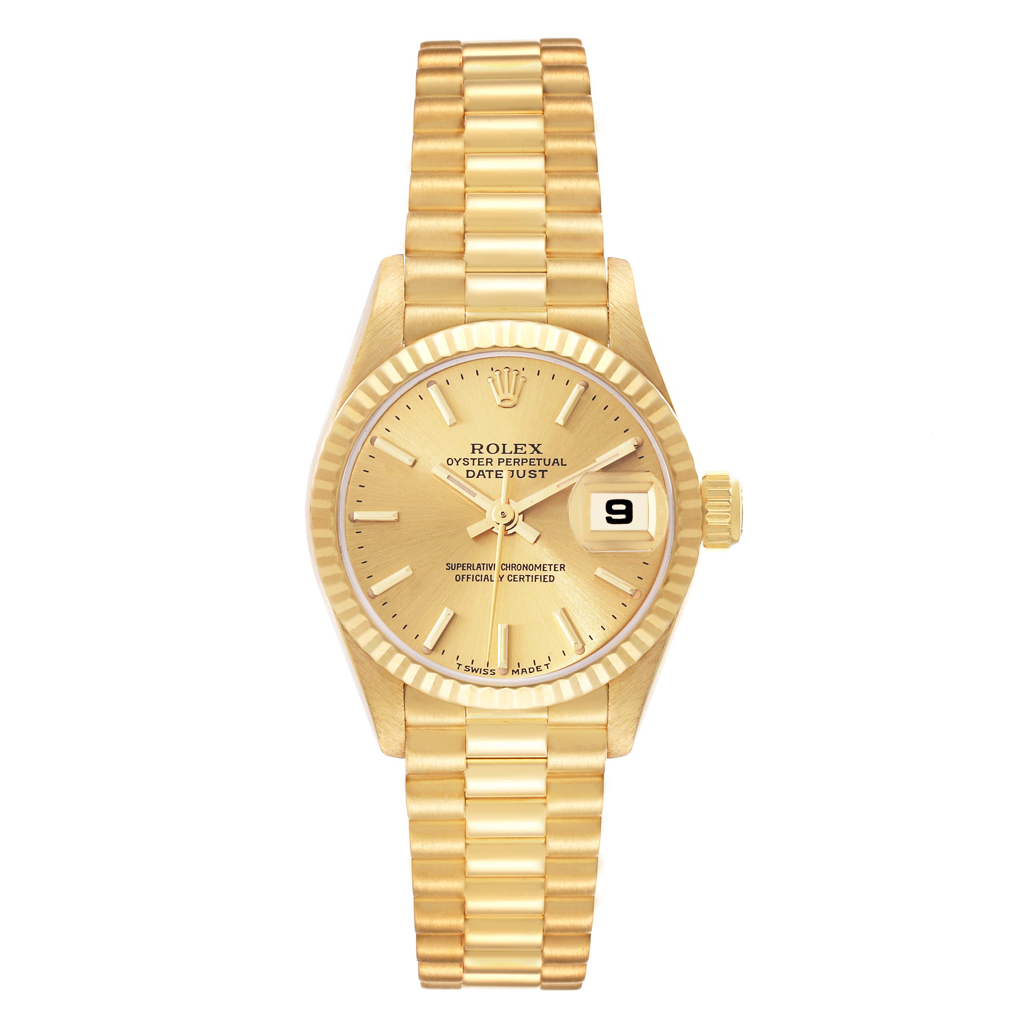 The image shows a front view of a Rolex President 79178 Women's Yellow Gold Champagne Dial 79178 Women's Yellow Gold Champagne Dial model watch, displaying its gold band, face, and date feature.