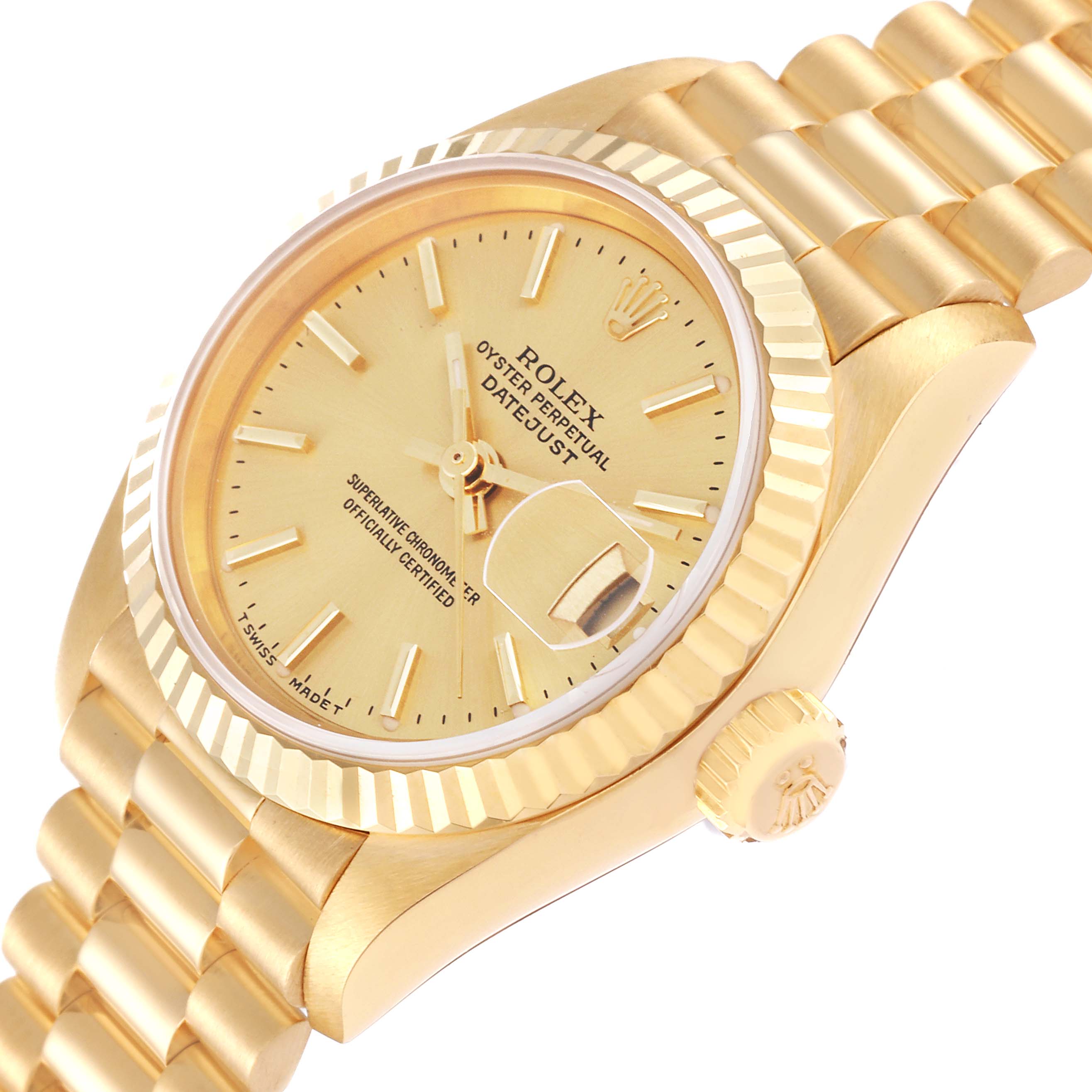 This image shows a side angle of the Rolex President 79178 Women's Yellow Gold Champagne Dial 79178 Women's Yellow Gold Champagne Dial model watch, highlighting its dial, bezel, crown, and bracelet.