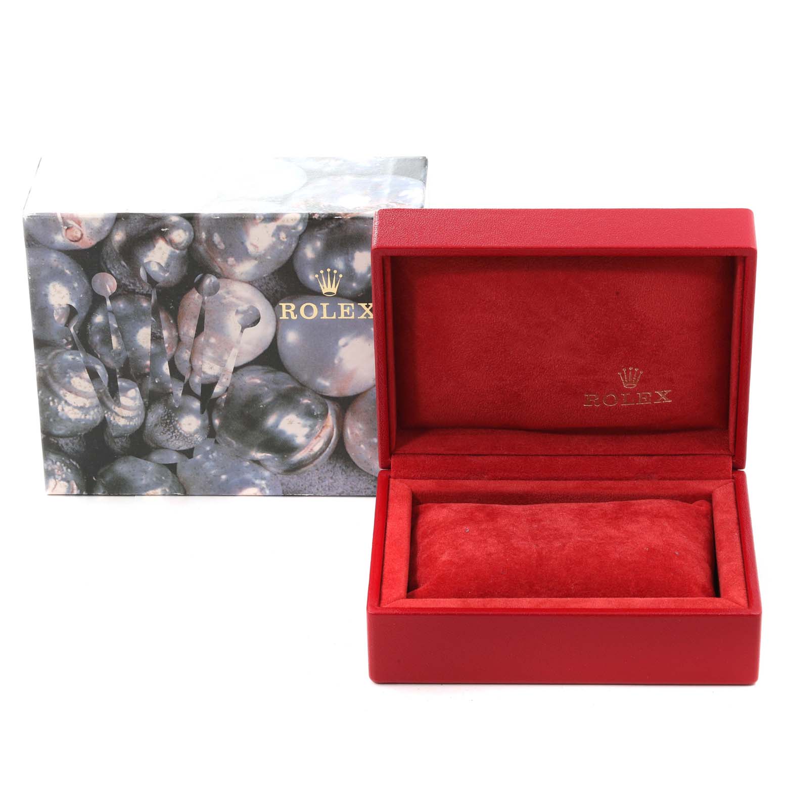 Image shows a Rolex President 79178 Women's Yellow Gold Champagne Dial 79178 Women's Yellow Gold Champagne Dial watch box and outer case from a front angle; the box is open and empty.