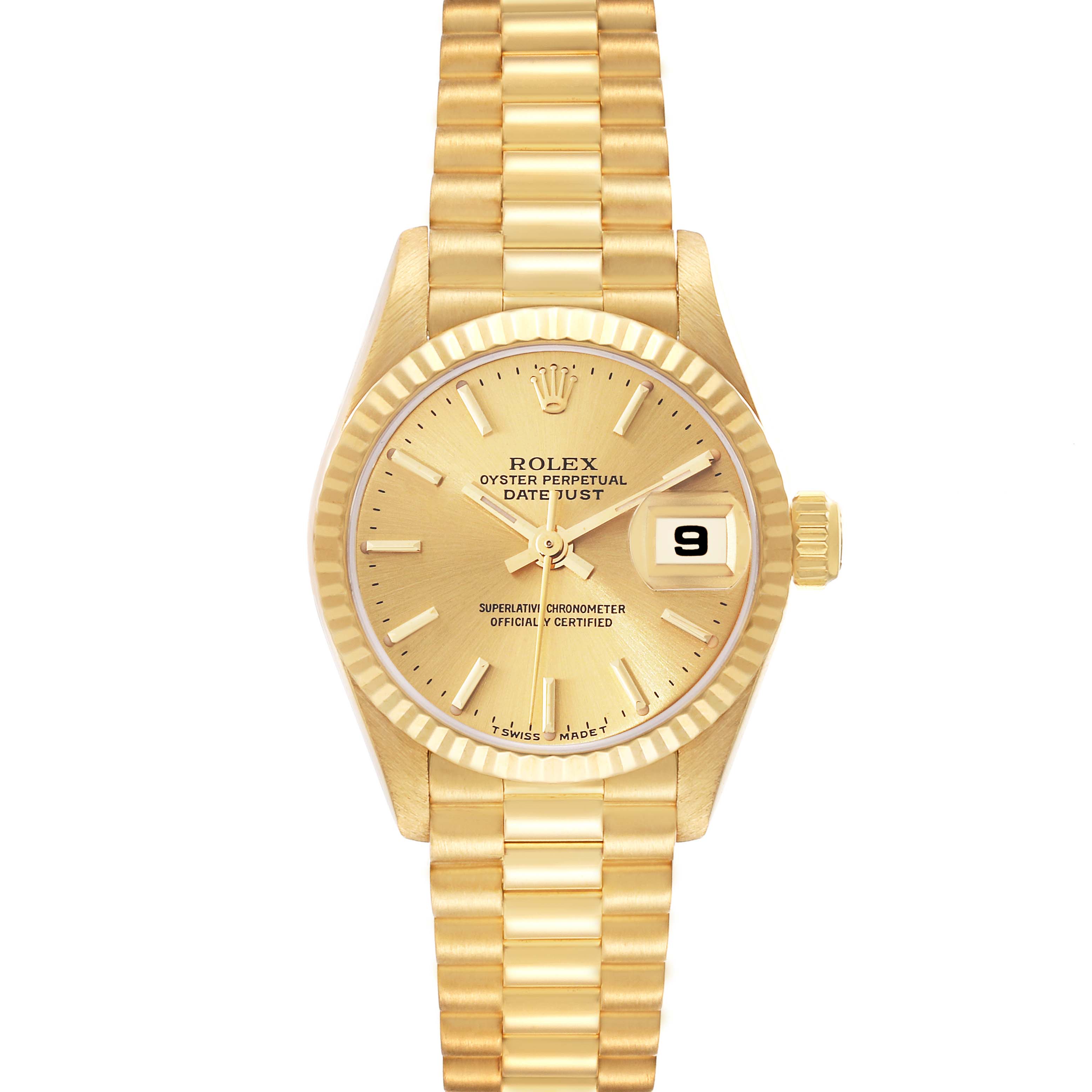 The image shows a Rolex President 79178 Women's Yellow Gold Champagne Dial 79178 Women's Yellow Gold Champagne Dial model watch from a top-down angle, highlighting the face, bracelet, and crown.
