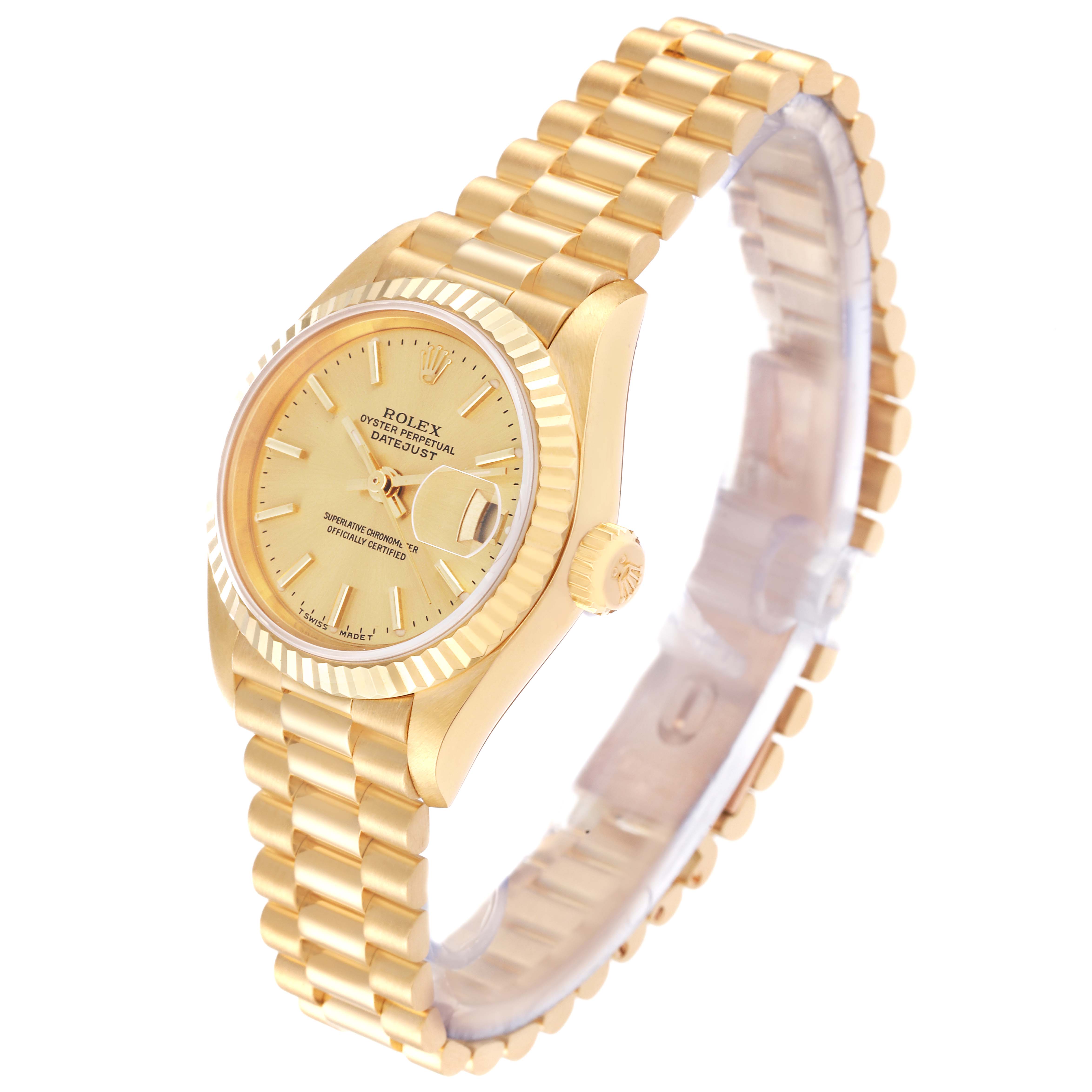 The image shows a gold Rolex President 79178 Women's Yellow Gold Champagne Dial 79178 Women's Yellow Gold Champagne Dial model watch from a 3/4 angle, displaying the face, crown, and part of the bracelet.