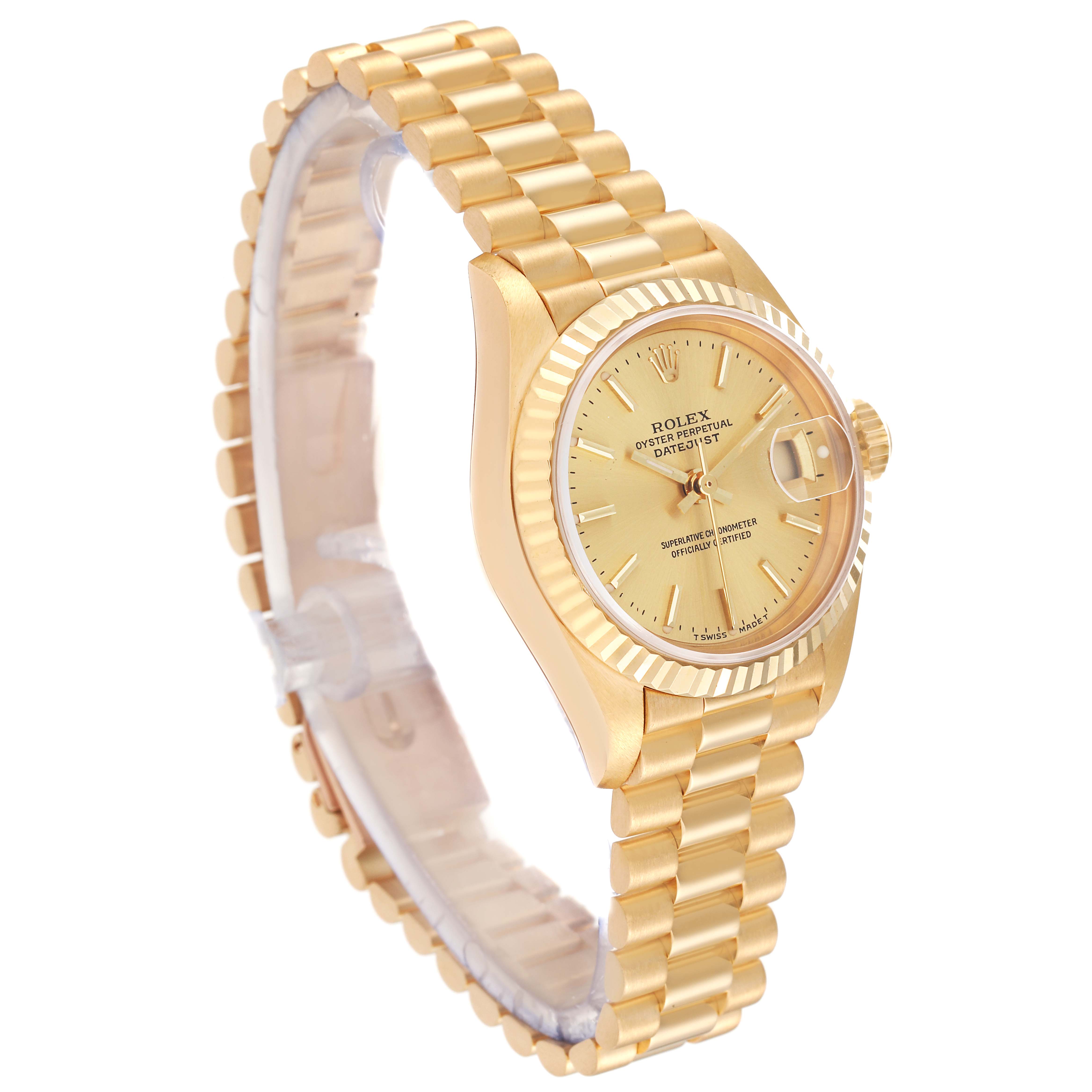 The image shows a Rolex President 79178 Women's Yellow Gold Champagne Dial 79178 Women's Yellow Gold Champagne Dial model watch from a side angle, highlighting its golden band and face.