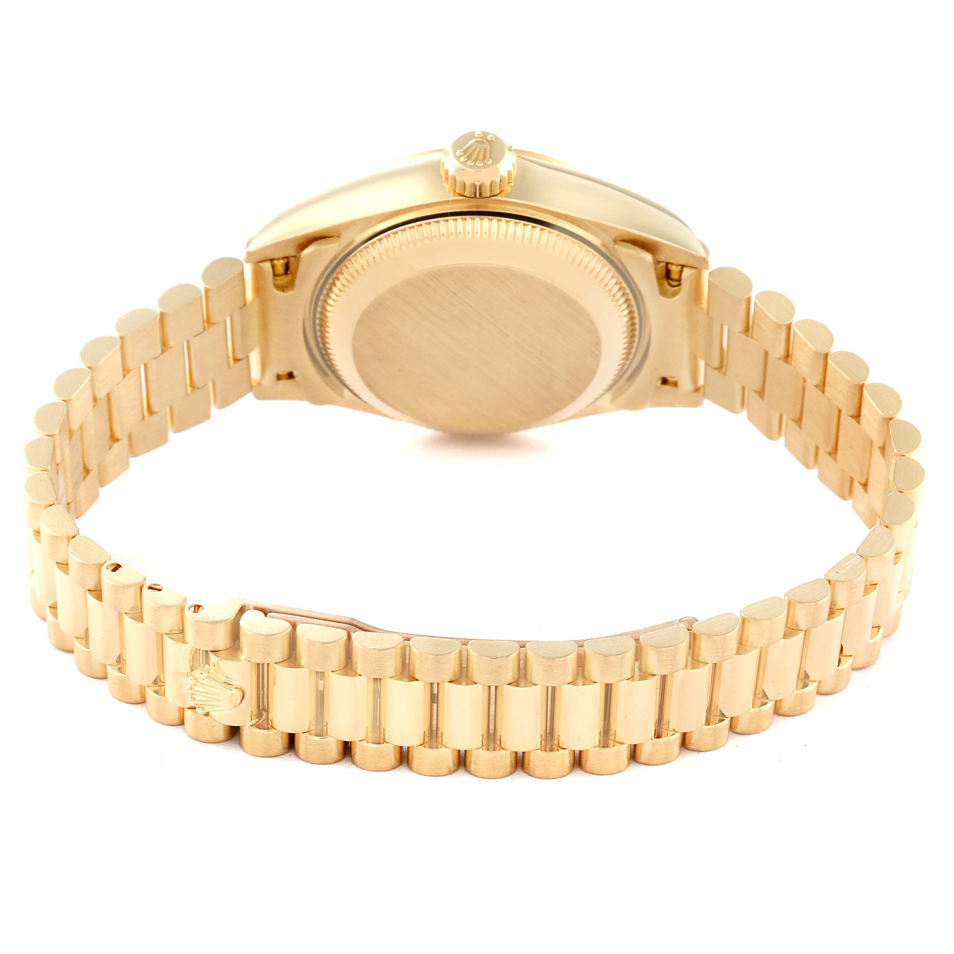 This image shows the back case and bracelet of a Rolex President 79178 Women's Yellow Gold Champagne Dial 79178 Women's Yellow Gold Champagne Dial model watch.