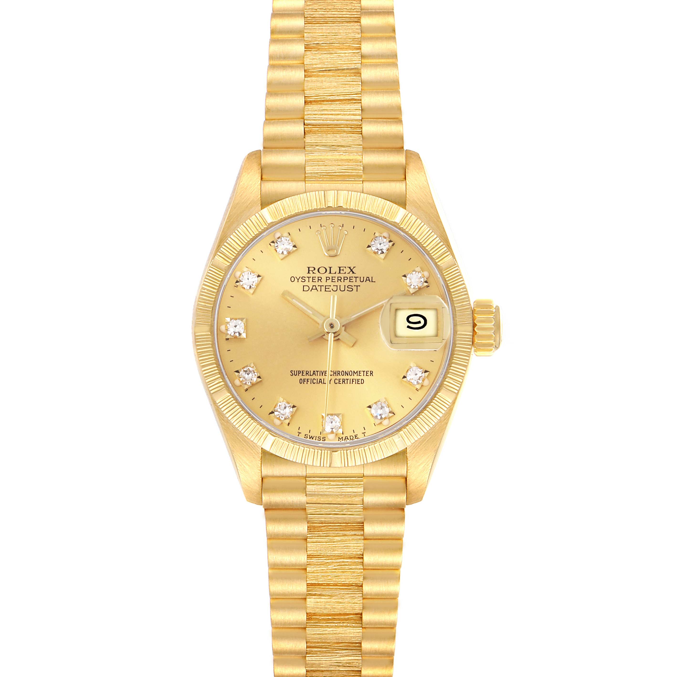 The Rolex President 69278 Women's Yellow Gold Champagne Dial 69278 Women's Yellow Gold Champagne Dial model watch is shown from a front view, displaying the face, bezel, and bracelet.