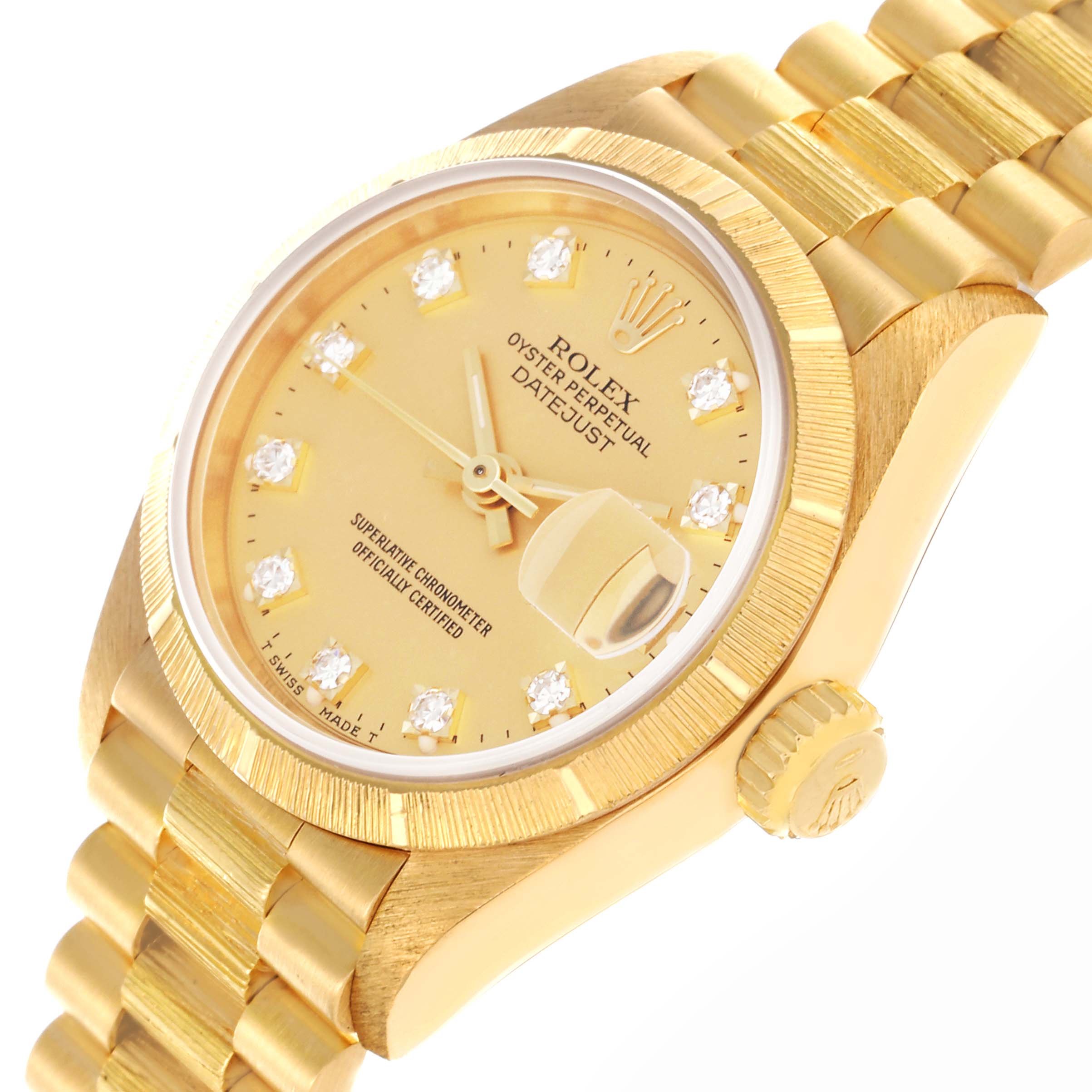 The Rolex President 69278 Women's Yellow Gold Champagne Dial 69278 Women's Yellow Gold Champagne Dial model is shown at an angle highlighting the crown, dial, bracelet, and diamond hour markers.