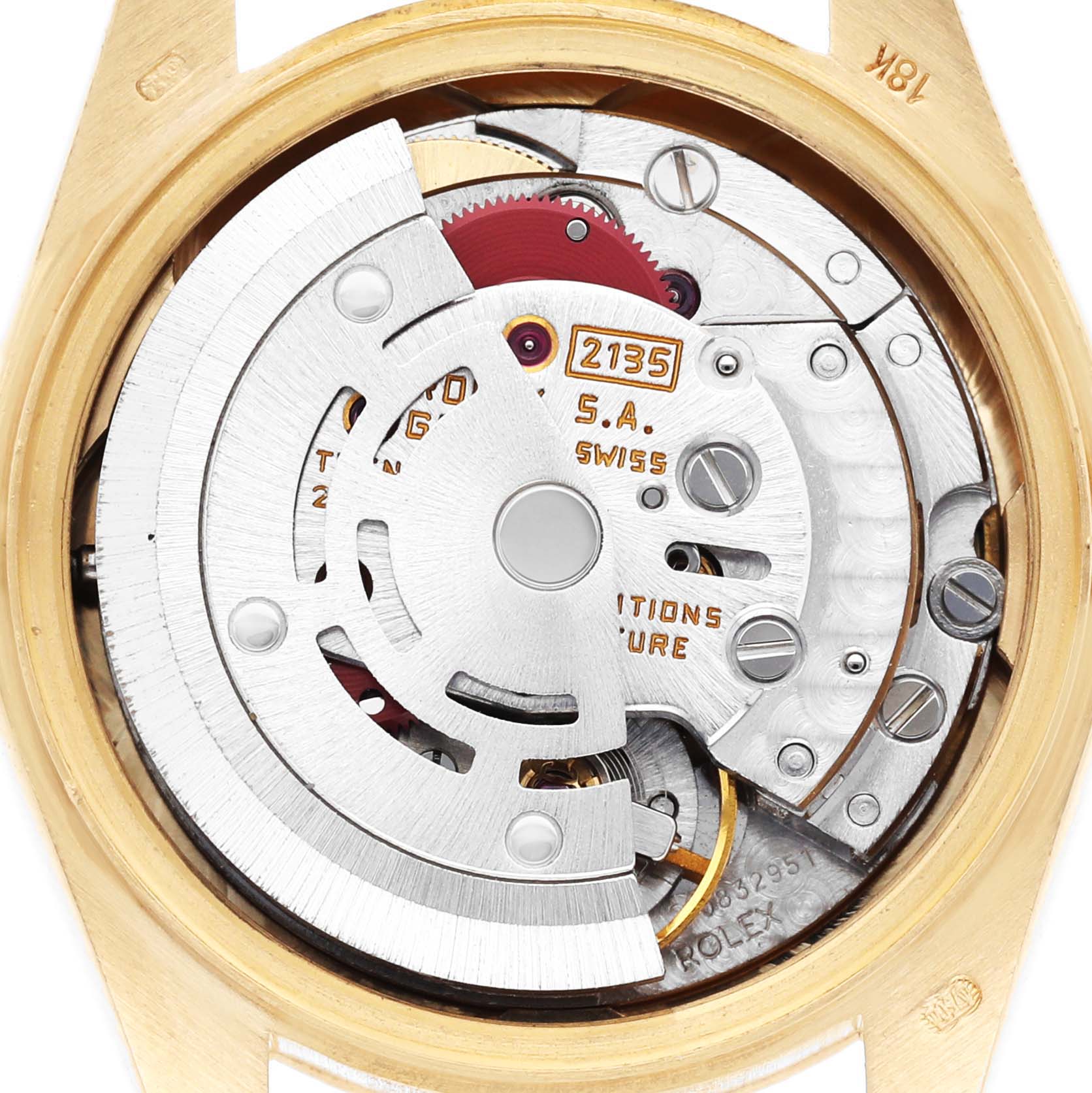 The image shows the movement mechanism of a Rolex President 69278 Women's Yellow Gold Champagne Dial 69278 Women's Yellow Gold Champagne Dial model, featuring intricate gears and components from a rear view.