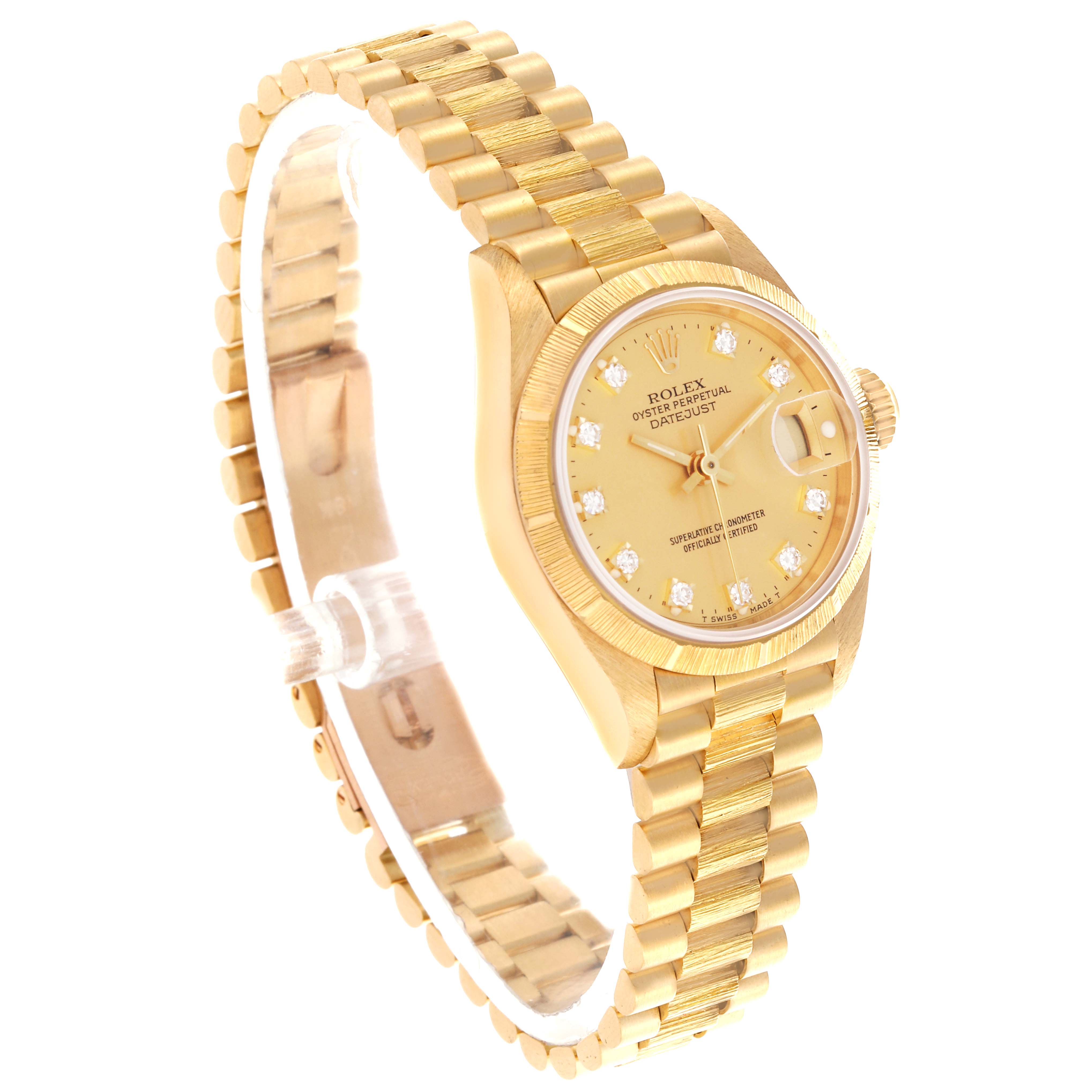 The Rolex President 69278 Women's Yellow Gold Champagne Dial 69278 Women's Yellow Gold Champagne Dial model is shown at a three-quarter angle, highlighting the dial, bezel, bracelet, and side crown.