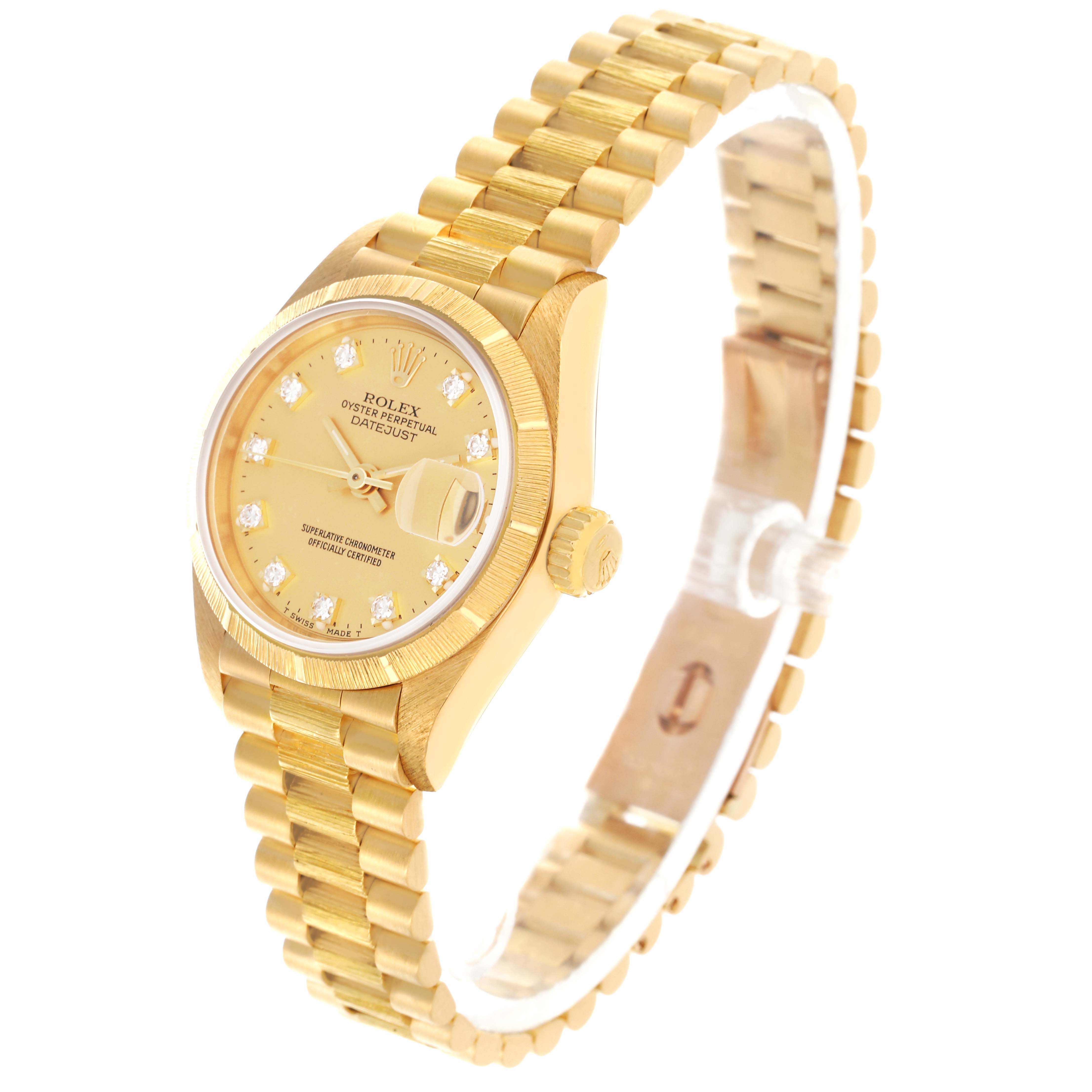The Rolex President 69278 Women's Yellow Gold Champagne Dial 69278 Women's Yellow Gold Champagne Dial model is shown at an angled side view, highlighting the gold case, bracelet, and dial.