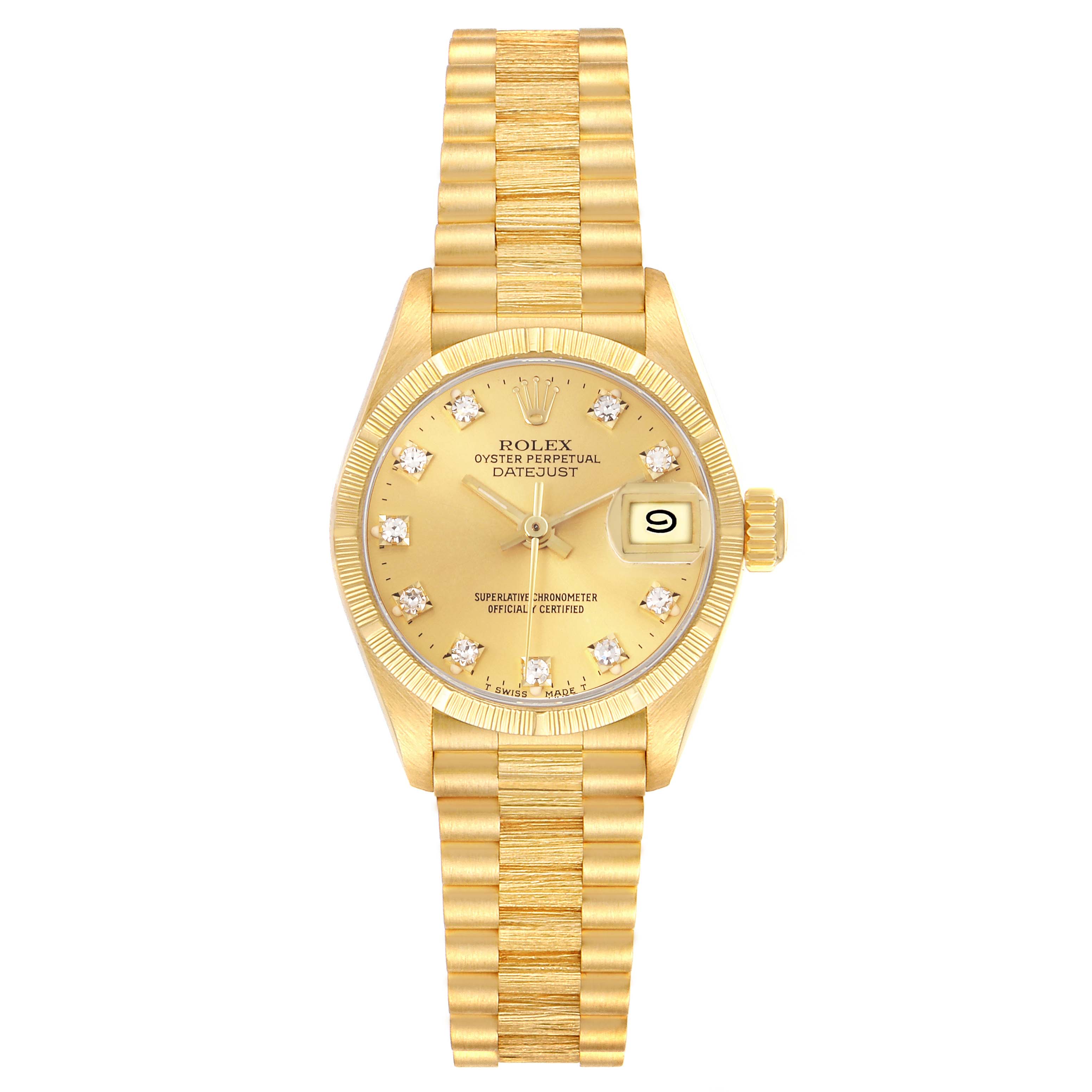 The Rolex President 69278 Women's Yellow Gold Champagne Dial 69278 Women's Yellow Gold Champagne Dial watch is shown front-facing, displaying the dial, bracelet, and crown.