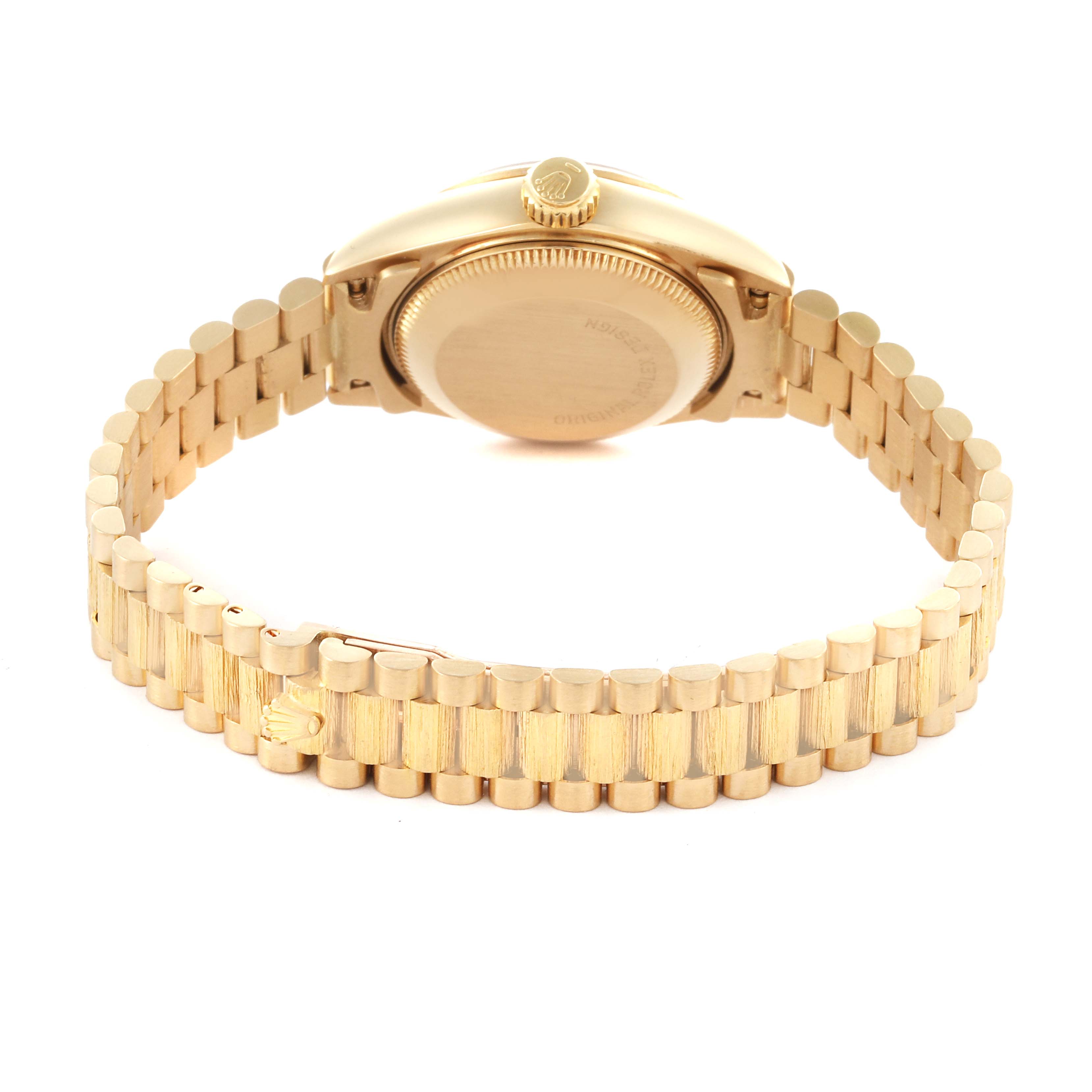 The Rolex President 69278 Women's Yellow Gold Champagne Dial 69278 Women's Yellow Gold Champagne Dial watch is shown from the back, highlighting the clasp and bracelet in a gold finish.