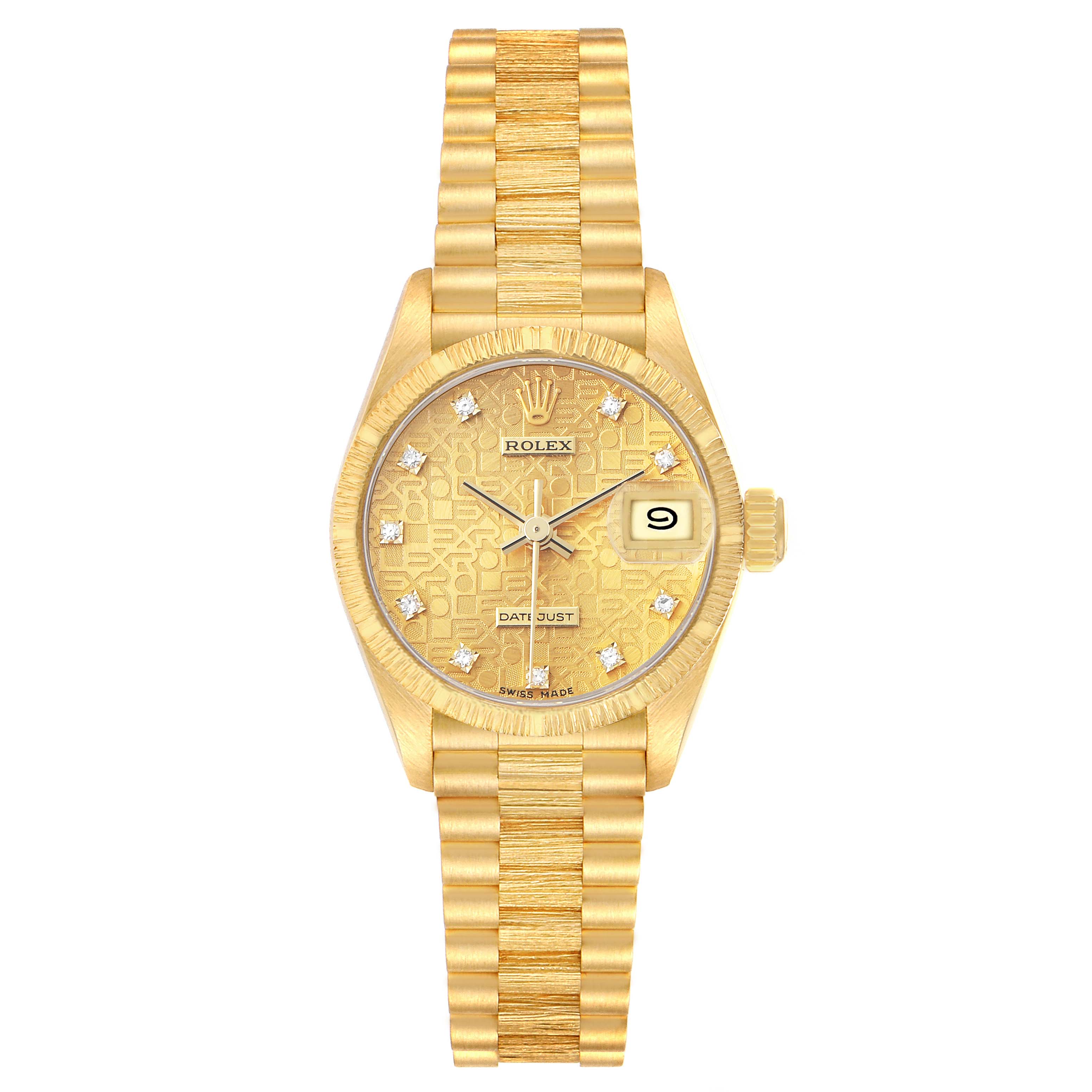 The Rolex President 69278 Women's Yellow Gold Champagne Dial watch is shown from a top-down view, displaying its entire face, bezel, crown, and bracelet.