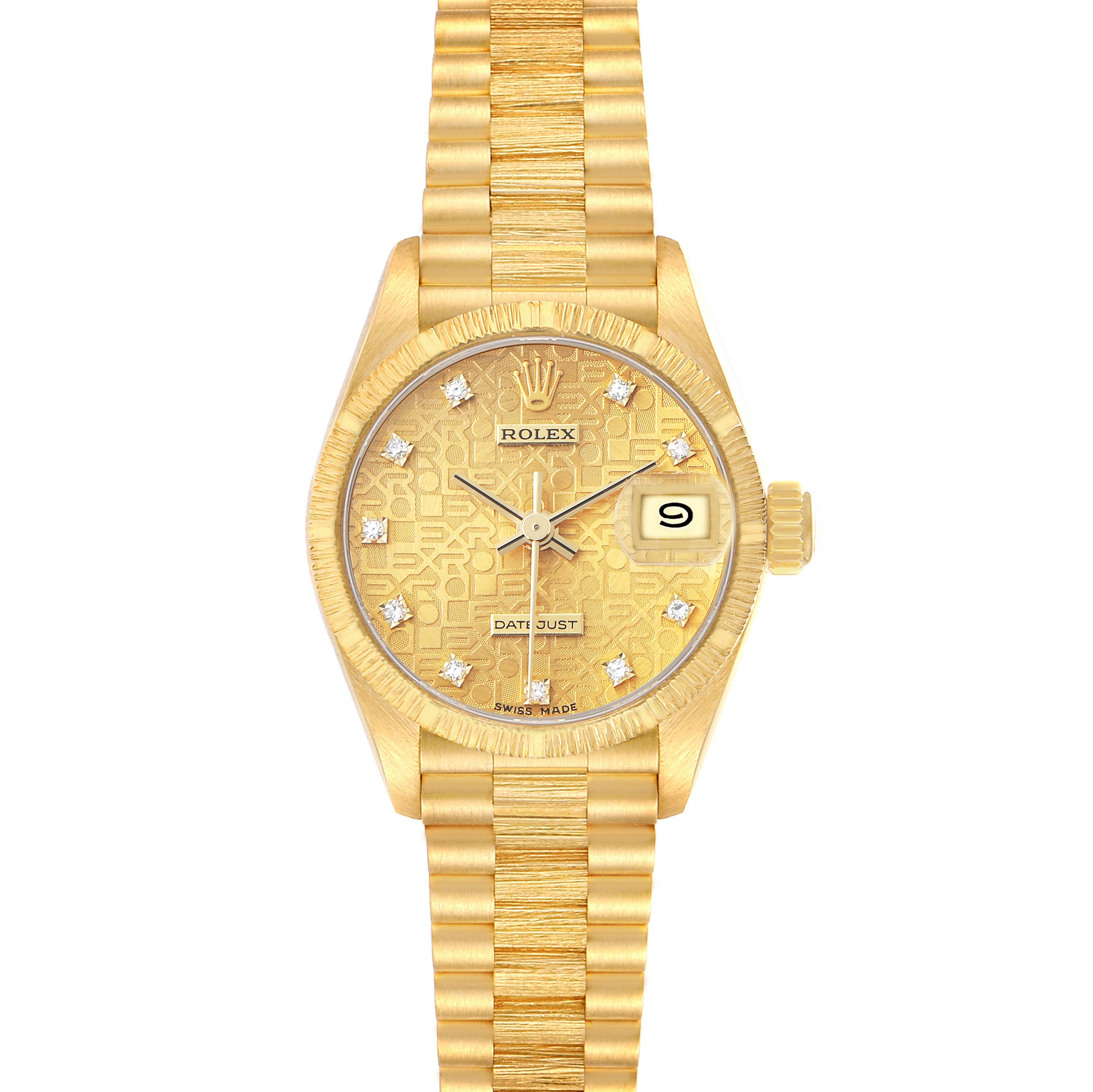 The image shows a Rolex President 69278 Women's Yellow Gold Champagne Dial watch from a top-down angle, highlighting the dial, bezel, bracelet, and date display.