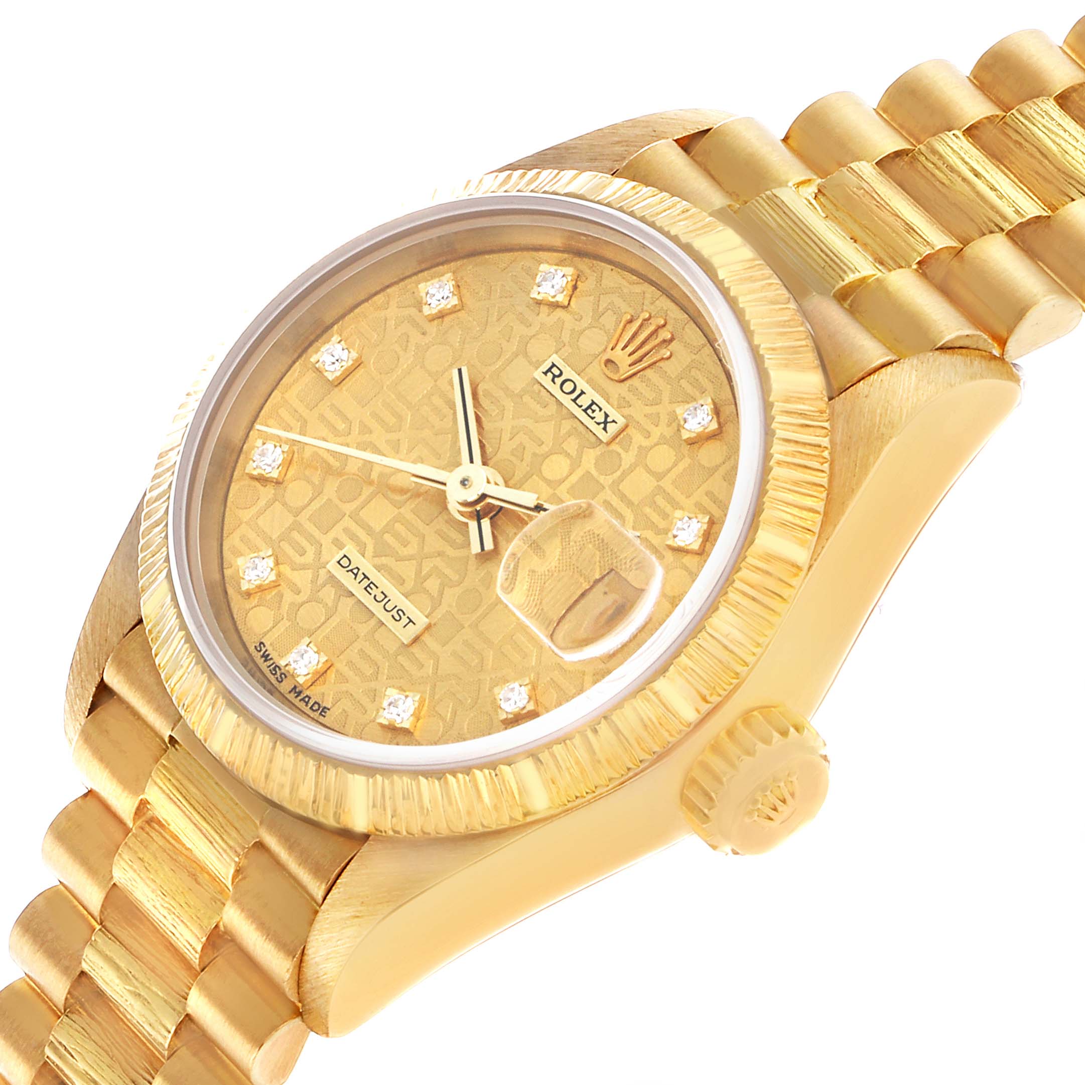 The Rolex President 69278 Women's Yellow Gold Champagne Dial model watch is shown at an angle displaying its gold dial, diamond markers, fluted bezel, crown, and bracelet.