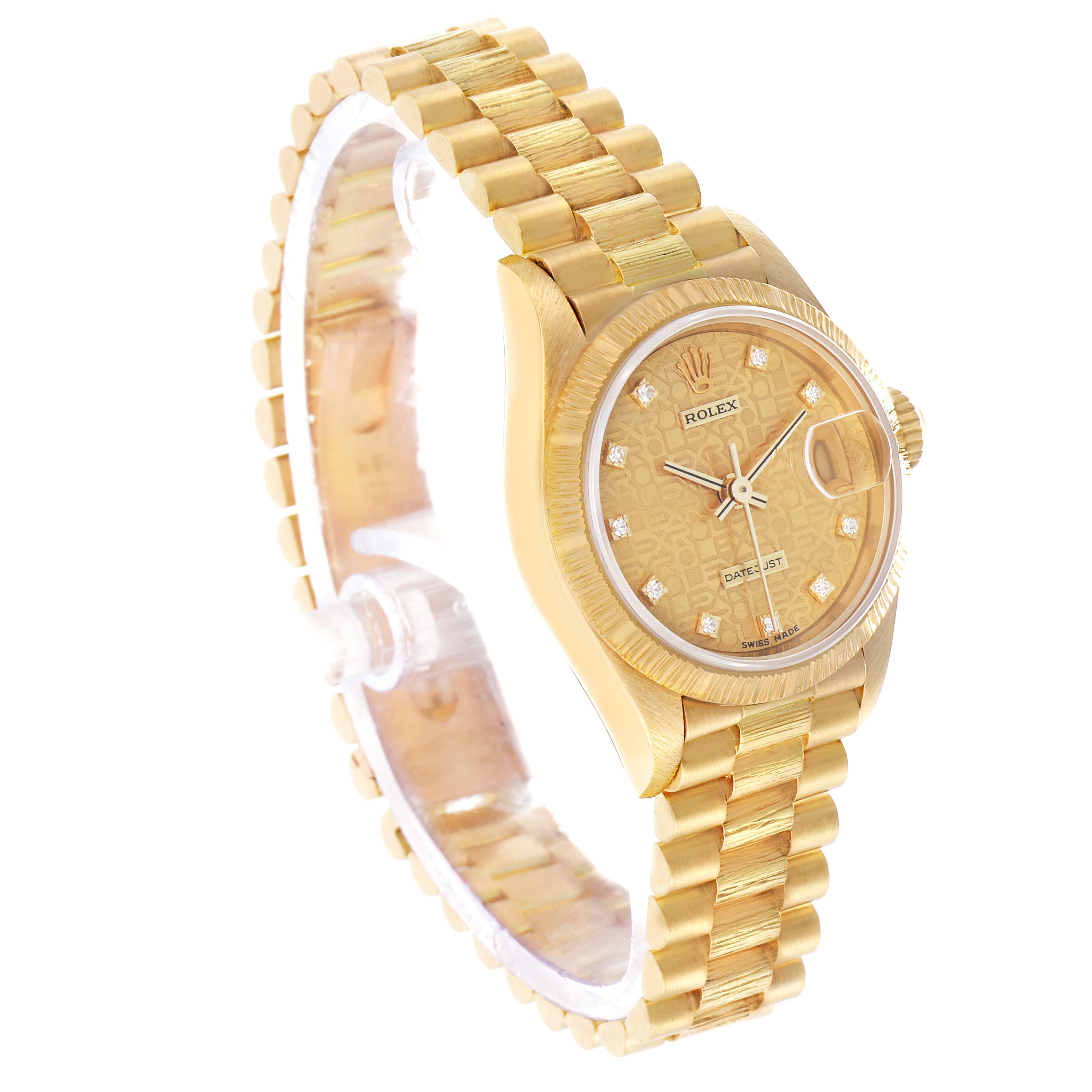 The Rolex President 69278 Women's Yellow Gold Champagne Dial model watch is shown at a three-quarter angle, highlighting its gold bracelet, fluted bezel, and diamond markers.
