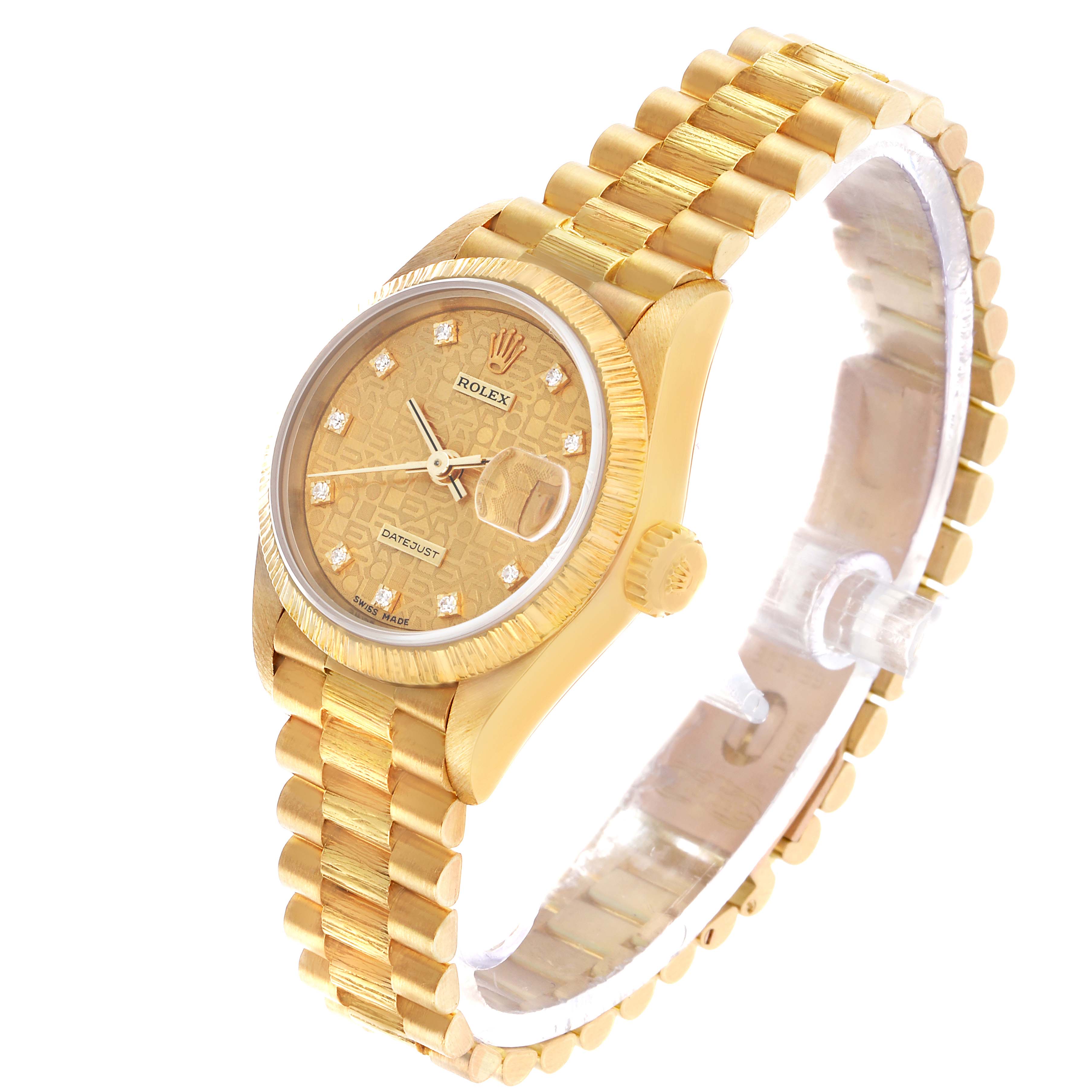 The Rolex President 69278 Women's Yellow Gold Champagne Dial model watch is shown at a slight angle, highlighting its gold case, bracelet, and diamond-accented dial.