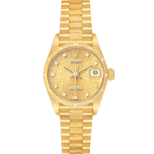 The Rolex President 69278 Women's Yellow Gold Champagne Dial model watch is shown from a top-down angle, displaying its dial, bezel, and bracelet.