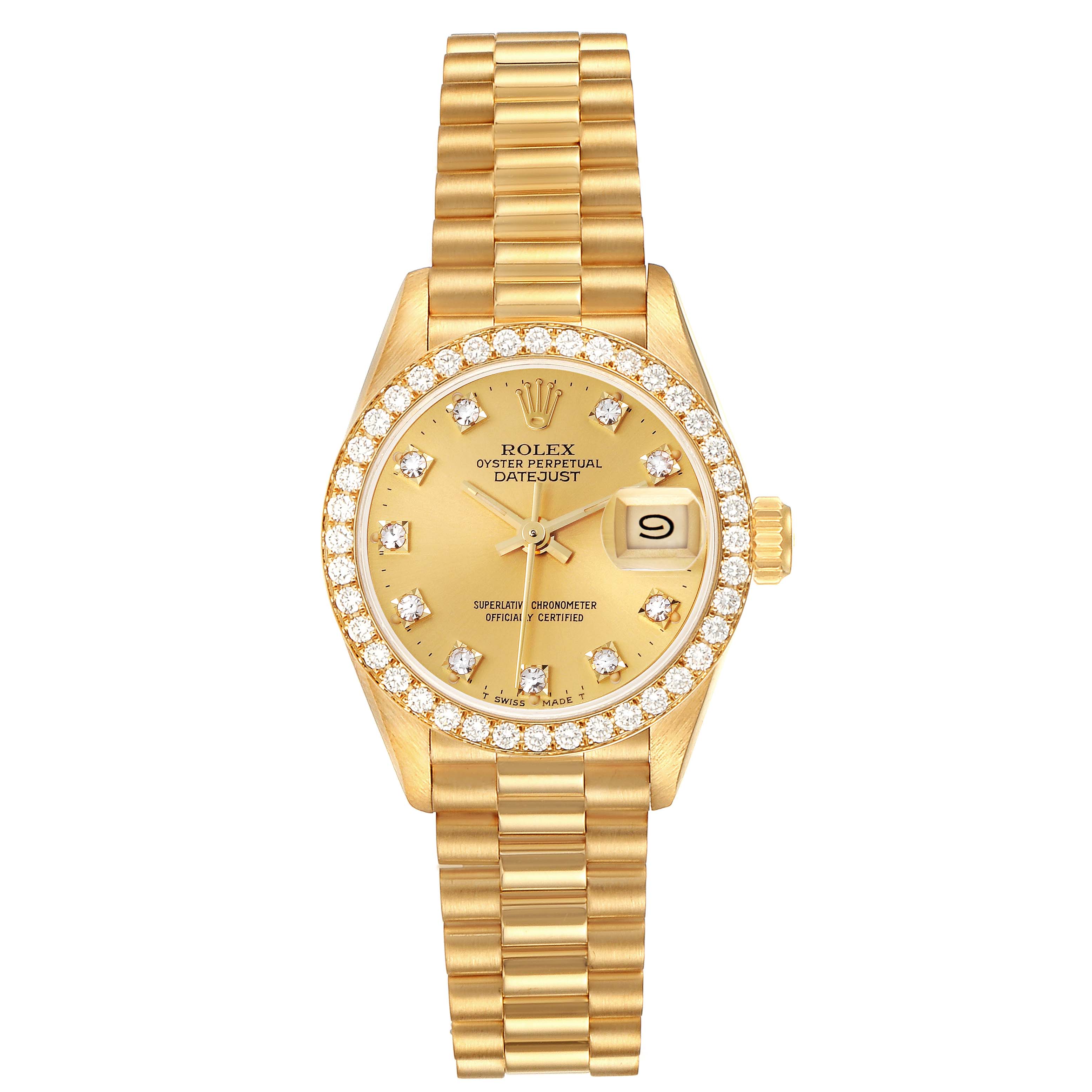 The Rolex President 69138 Women's Yellow Gold Champagne Dial 69138 Women's Yellow Gold Champagne Dial model is shown from the front, highlighting the gold dial, bezel with diamonds, and bracelet.