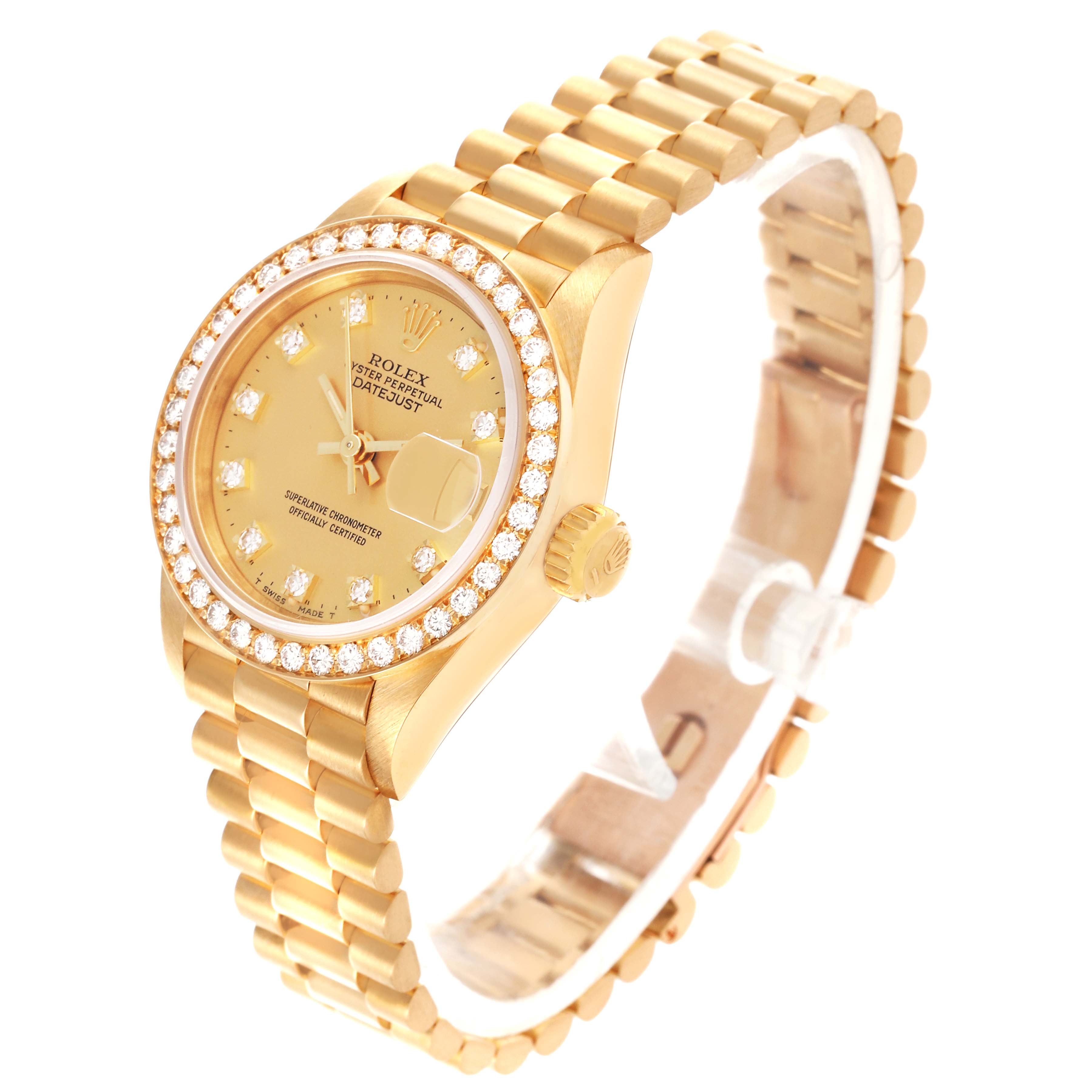 The image shows a Rolex President 69138 Women's Yellow Gold Champagne Dial 69138 Women's Yellow Gold Champagne Dial model from a three-quarter angle, highlighting its gold bracelet and diamond-encrusted bezel.