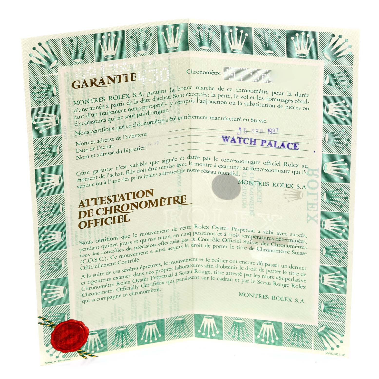 The image shows the warranty and certification document for a Rolex President 69138 Women's Yellow Gold Champagne Dial 69138 Women's Yellow Gold Champagne Dial watch, unfolded to display the text and seal.