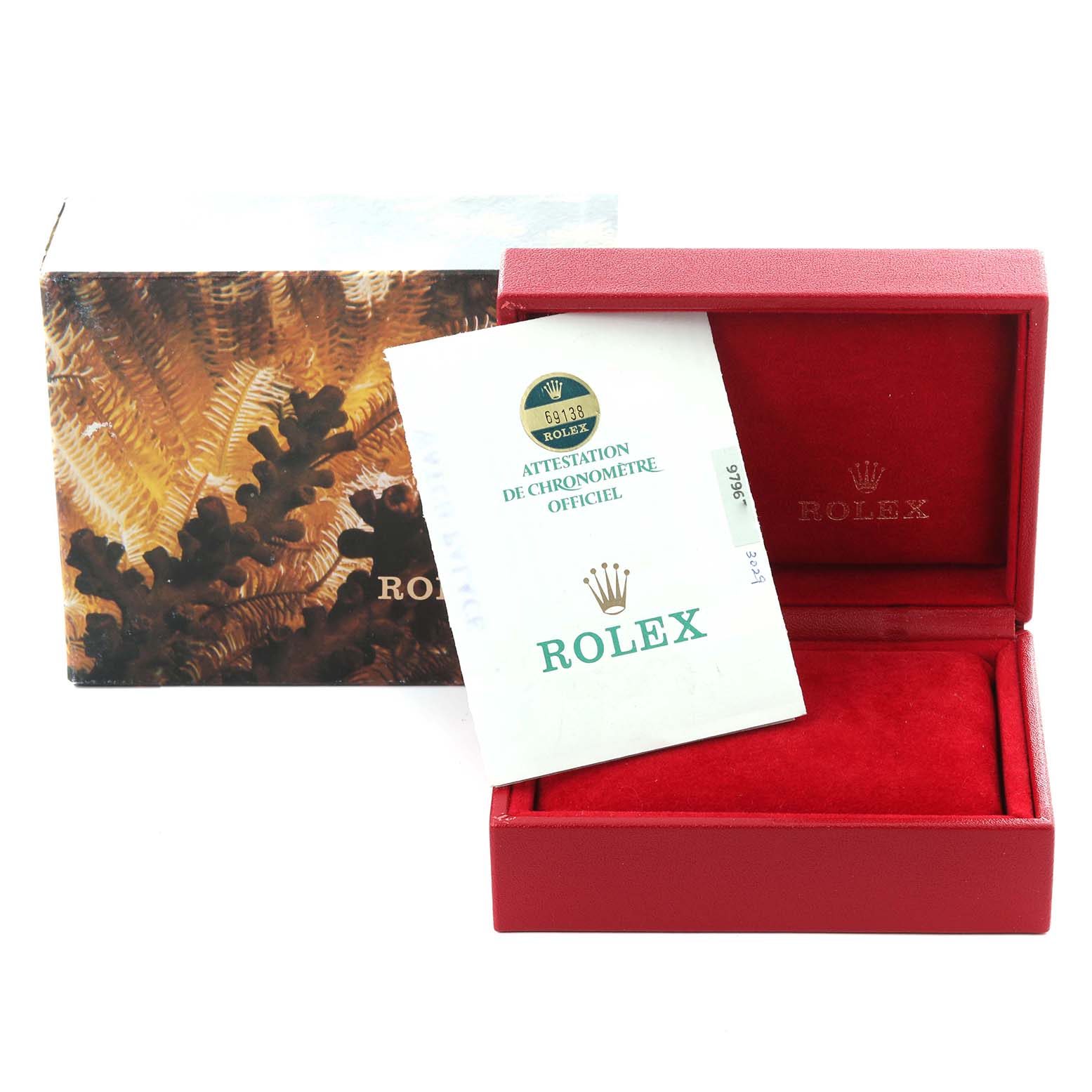 The image shows a Rolex President 69138 Women's Yellow Gold Champagne Dial 69138 Women's Yellow Gold Champagne Dial model box, certificate, and an empty red watch case.