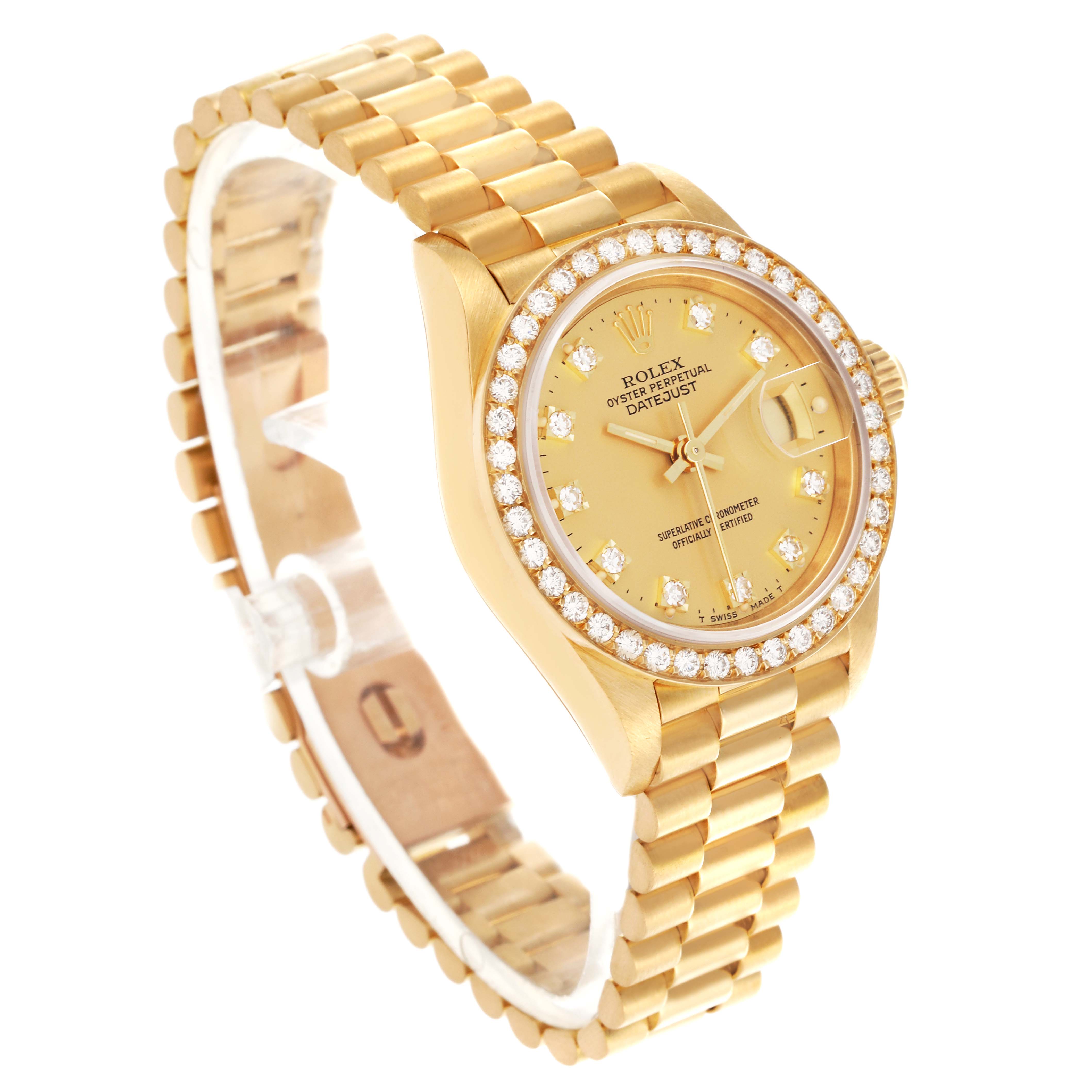 The Rolex President 69138 Women's Yellow Gold Champagne Dial 69138 Women's Yellow Gold Champagne Dial model watch is shown at a three-quarter angle, highlighting the bracelet, case, and diamond bezel.