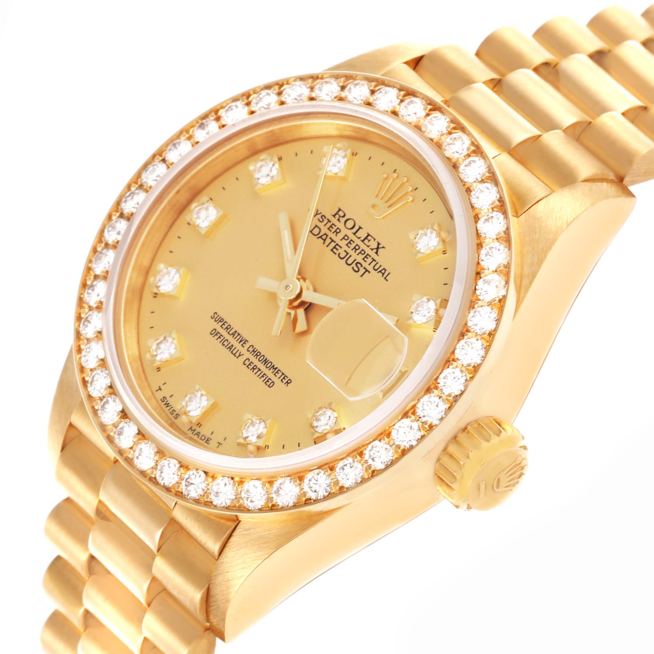 The Rolex President 69138 Women's Yellow Gold Champagne Dial 69138 Women's Yellow Gold Champagne Dial model watch is shown at an angle highlighting the diamond bezel, dial, and bracelet.