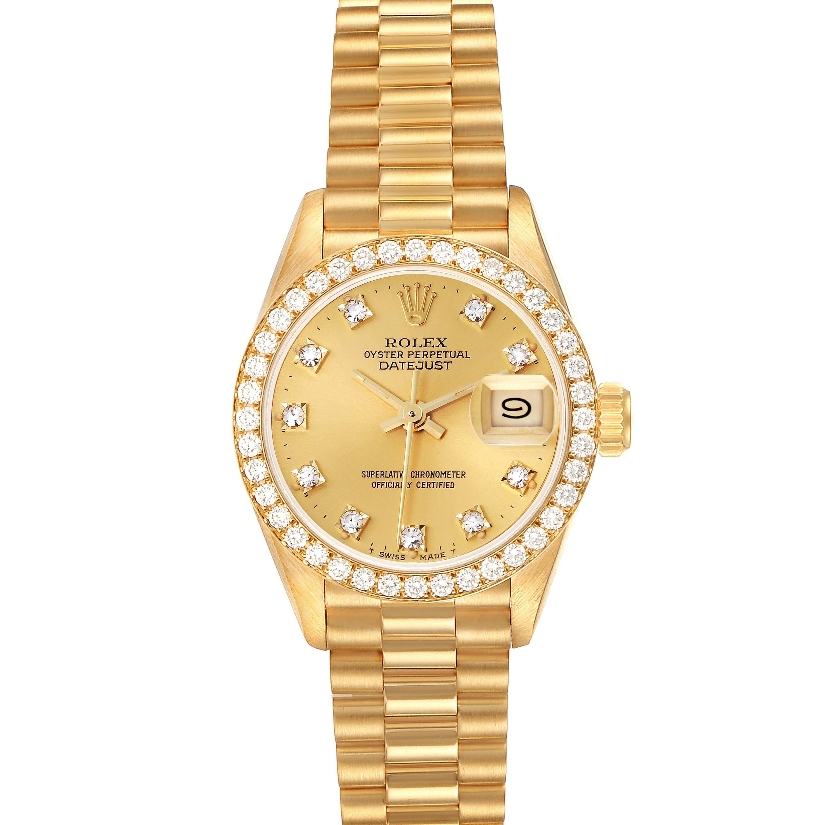 The Rolex President 69138 Women's Yellow Gold Champagne Dial 69138 Women's Yellow Gold Champagne Dial model is shown from the front, displaying the face, case, bezel, crown, and bracelet.