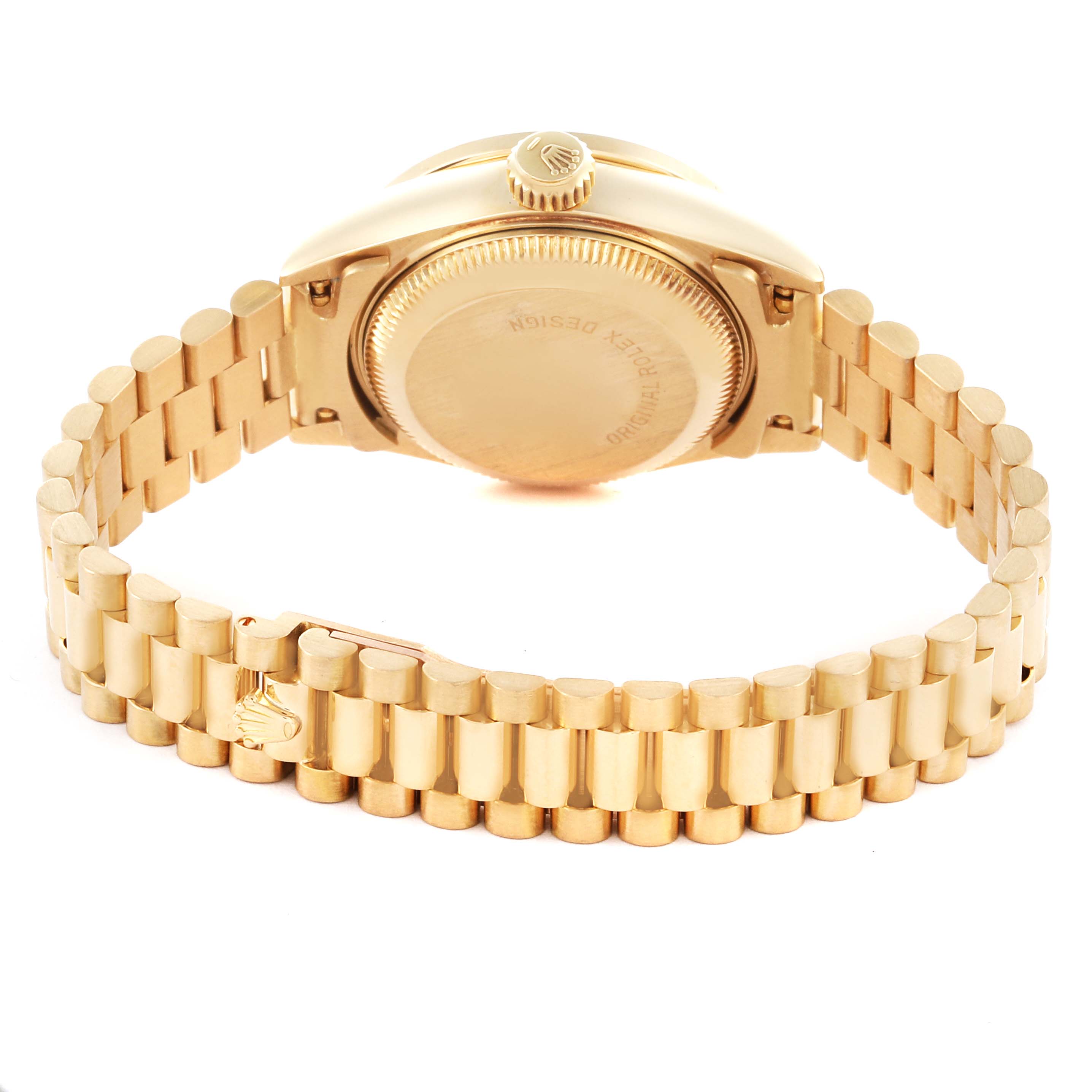 The Rolex President 69138 Women's Yellow Gold Champagne Dial 69138 Women's Yellow Gold Champagne Dial watch is shown from the back, highlighting the bracelet and caseback.