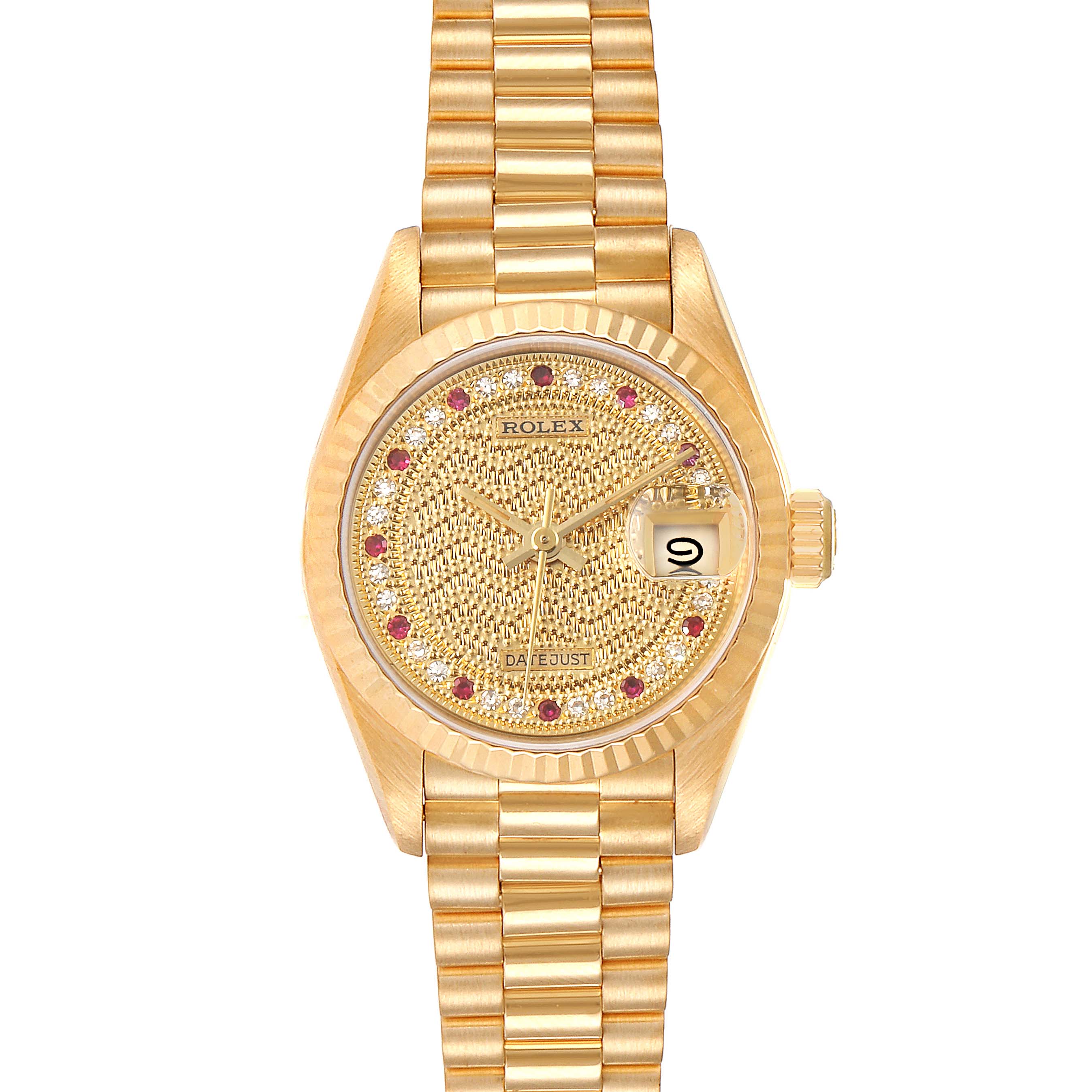 This image shows a frontal view of a Rolex President 69178 Women
s Yellow Gold Champagne Dial 69178 Women
s Yellow Gold Champagne Dial model watch, highlighting its gold bracelet, dial, and date display.