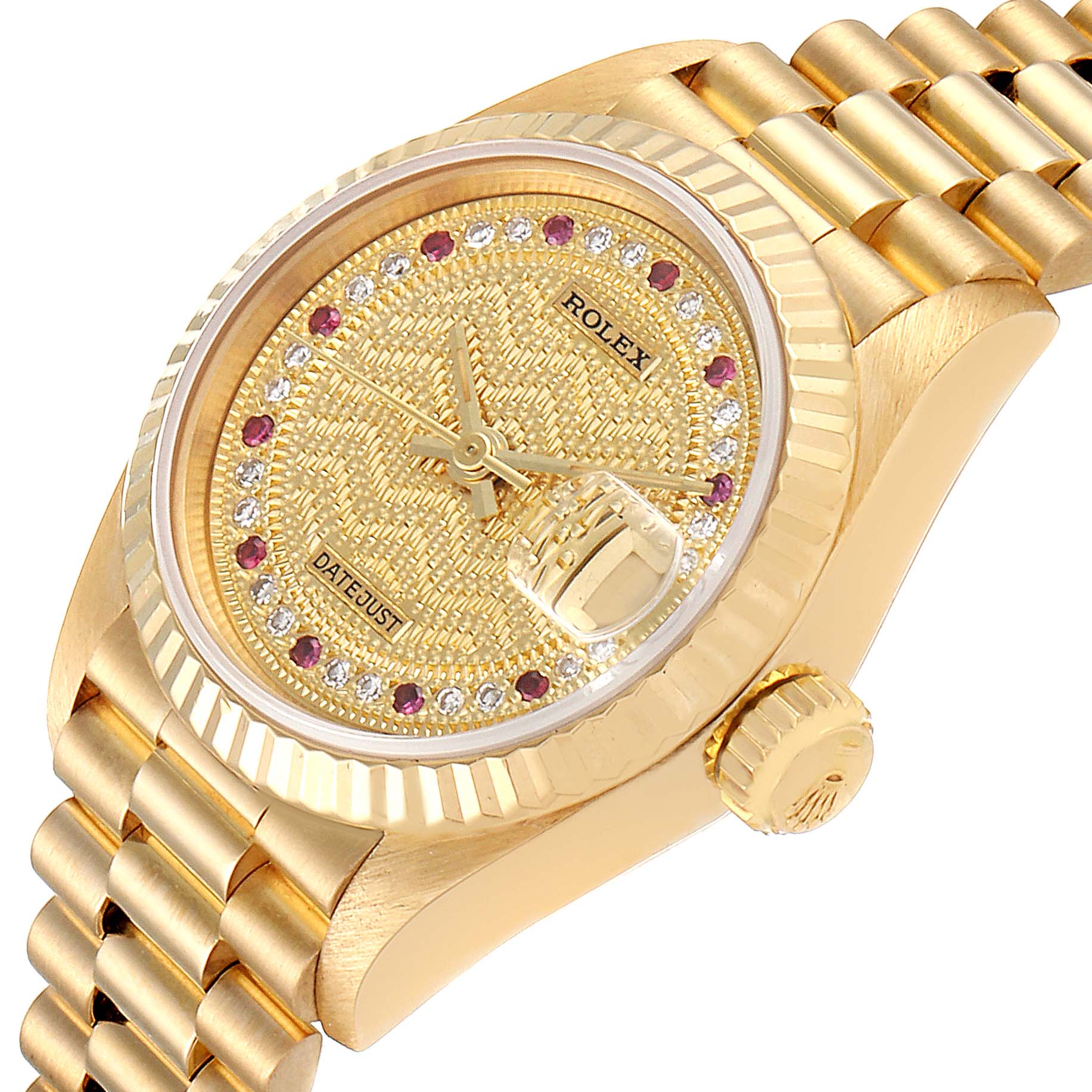 This Rolex President 69178 Women
s Yellow Gold Champagne Dial 69178 Women
s Yellow Gold Champagne Dial model watch is shown from an oblique angle, highlighting the gold case, diamond and ruby bezel, bracelet, and crown.